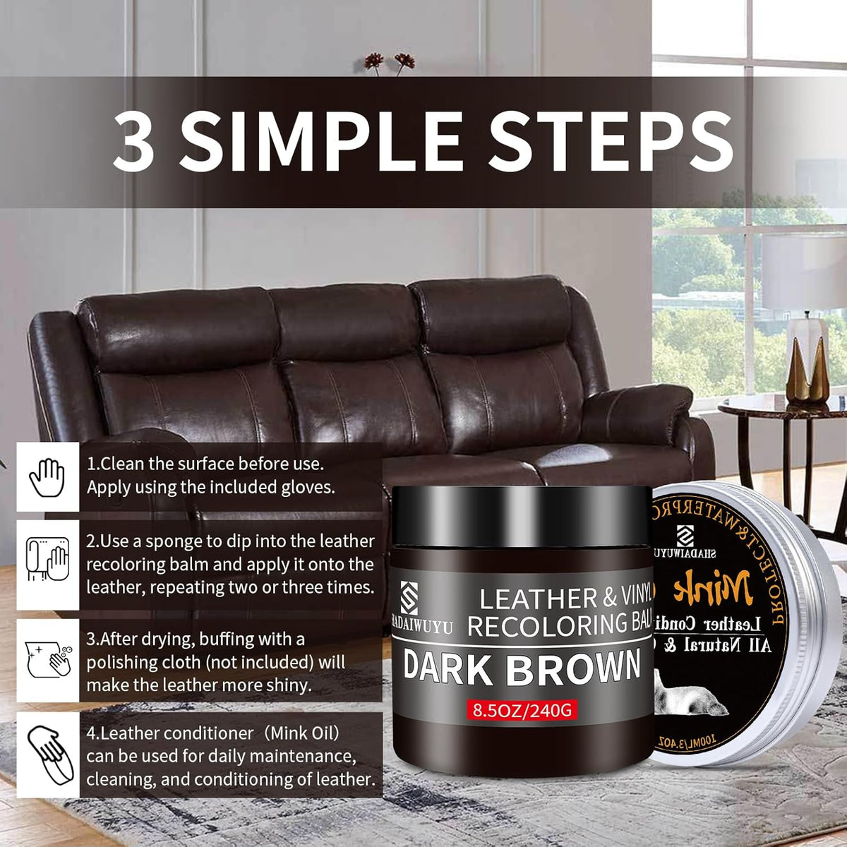 8.5oz Leather Recoloring Balm with 100ml Mink Oil,Dark Brown Leather Repair kit for Furniture and Car Interior,Leather Couch Scratch Repair,Leather Dye Paint,Mink Oil for Leather
