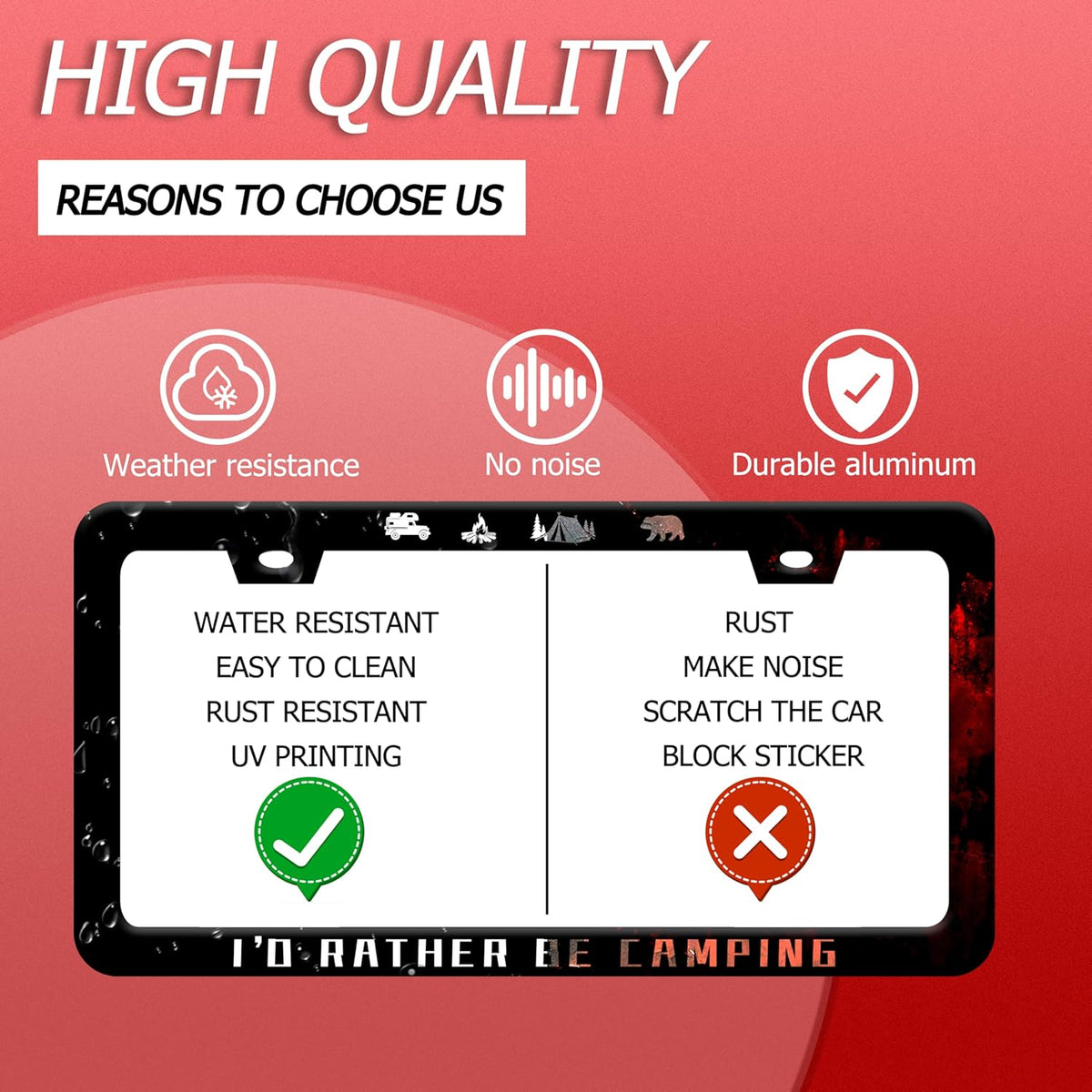 I'D Rather Be Camping License Plate Frame Funny Camper License Plate Frames Stainless Steel Accessories Cars Decor With 2 Holes And Screws Fits Standard Us Ca Vehicles License Plate Holder 12.2 X 6 In