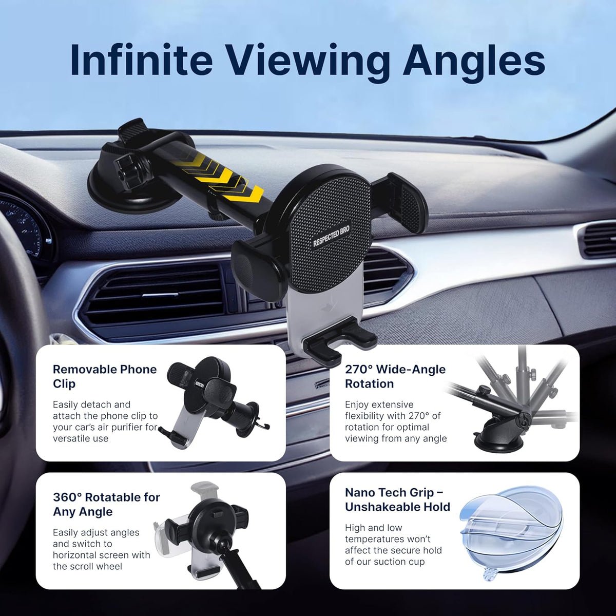 Universal-Car-Phone-Holder-Mount - Cell Phone Holder for Car, Dashboard and Windshield Mount, Air Vent car, Secure Phone Holders for Your Car, Compatible with All Smartphones