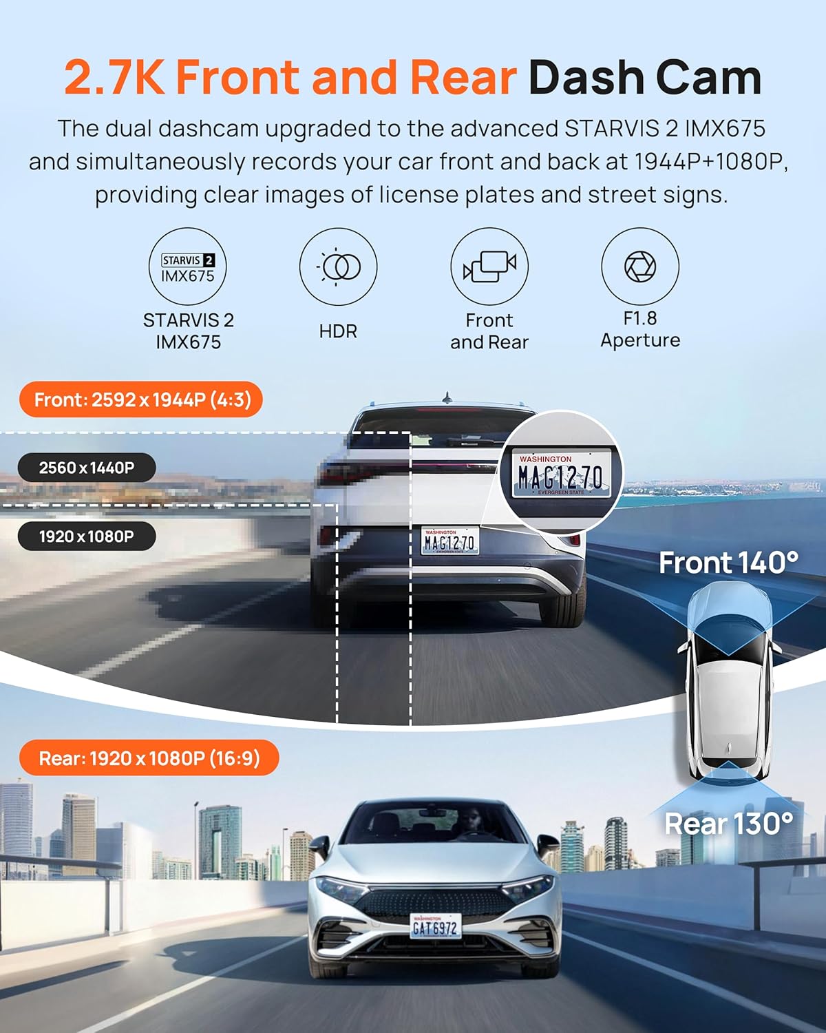 70mai Dash Cam Front and Rear A510,1944P+1080P with STARVIS 2 IMX675 and 64GB Card, Dash Camera for Cars, 4G LTE Support, ADAS, Built-in GPS WiFi, APP Control, HDR, 24H Parking Mode, Loop Recording