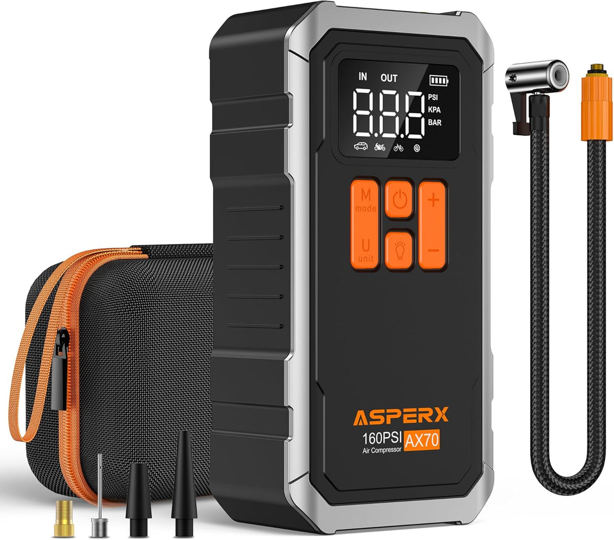 AsperX 160PSI Cordless Tire Inflator Air Compressor – Portable Rechargeable Air Pump with LCD Display, Auto Shut Off, LED Light & Carrying Case | Fast Inflation for Car Tires, Bike, Motorcycle, Balls