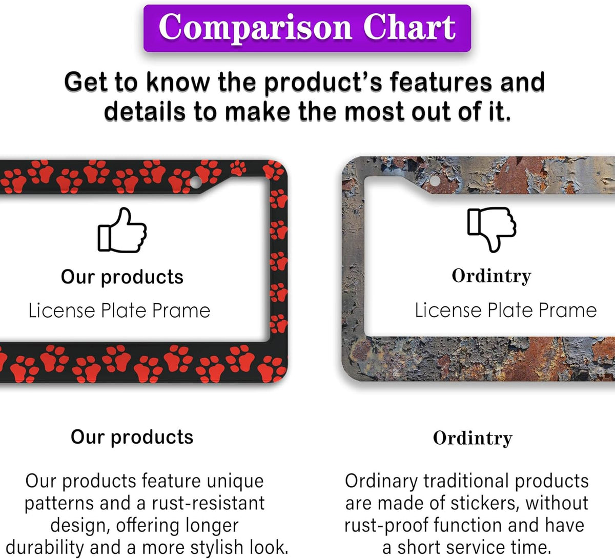 Custom License Plate Frame Black and Red License Plate Frames Animal Dog Paw Aluminum Metal Car Accessory 2 Pack with Screw Covers Set