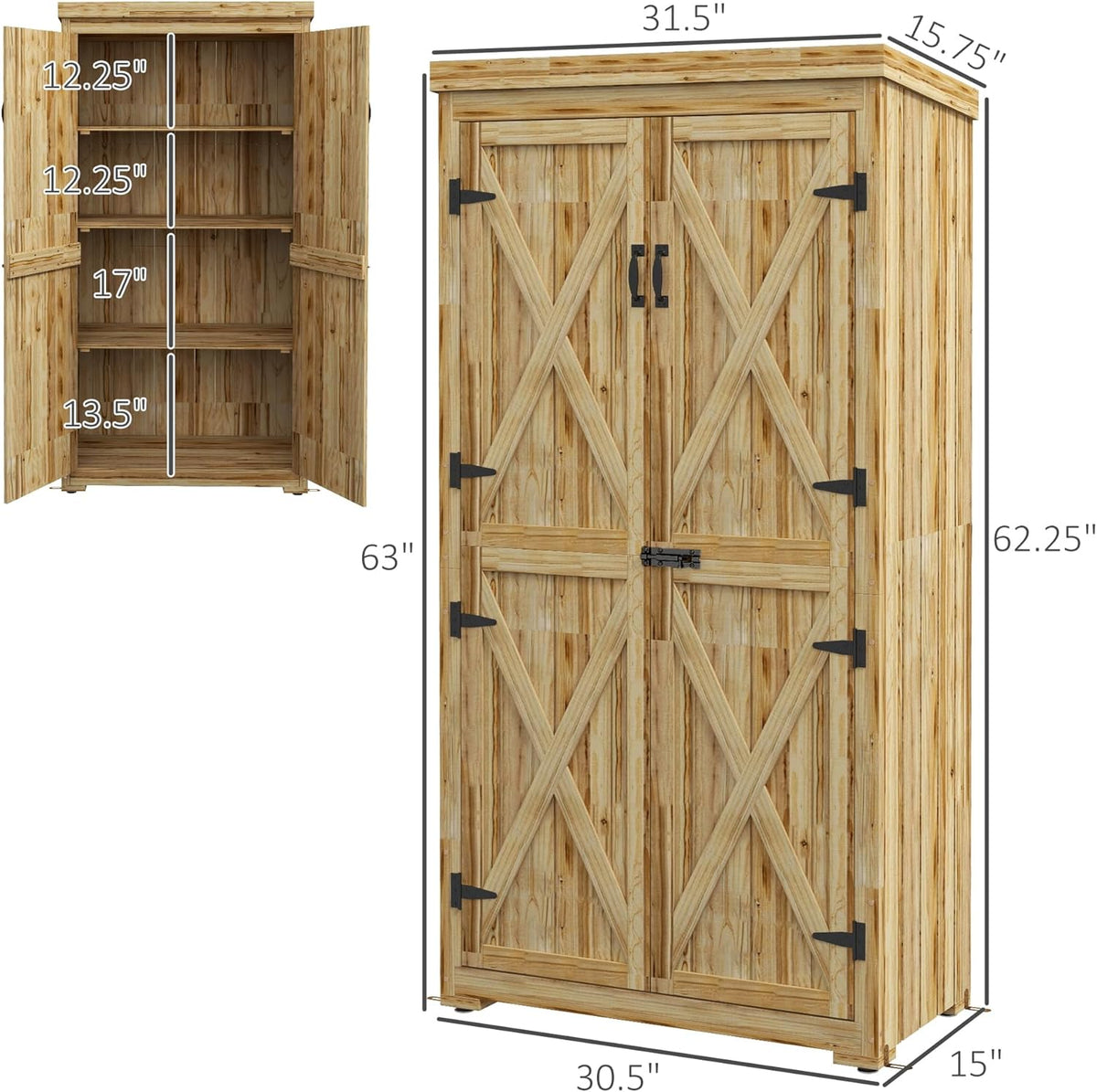 Wooden Garden Shed, Outdoor Storage Cabinet with Waterproof Galvanized Metal Roof, Narrow Tool Shed with 3 Shelves and Lockable Door, Natural