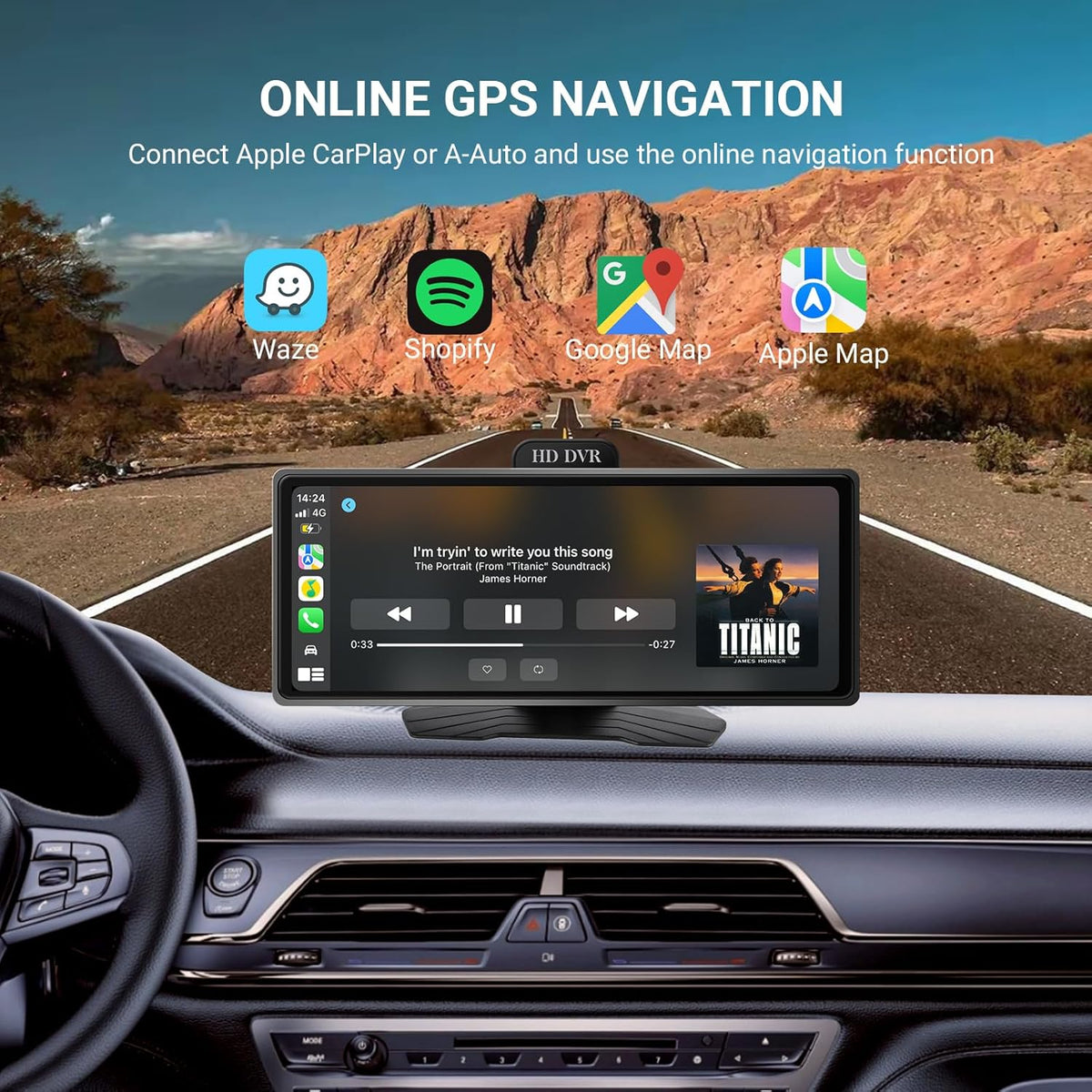 ‌9.26 Inch Wireless Apple CarPlay & Android Auto Car Display with 1080P Dash Cam & Backup Camera All-in-One Smart Car Stereo Free 64GB SD Card