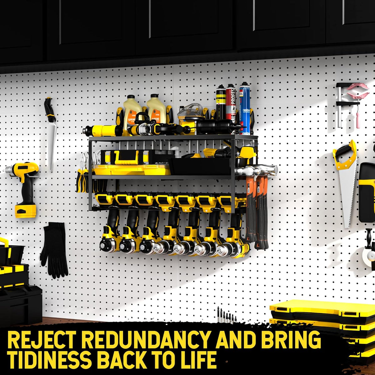 Power Tool Organizer-7 Drill Holder Wall Mount, Garage Organization Storage, 3 Layer Heavy Duty Metal Power Tool Rack,Garage Tool Organizer with Screwdriver Plier Hammer Holder, Men Dad Gifts
