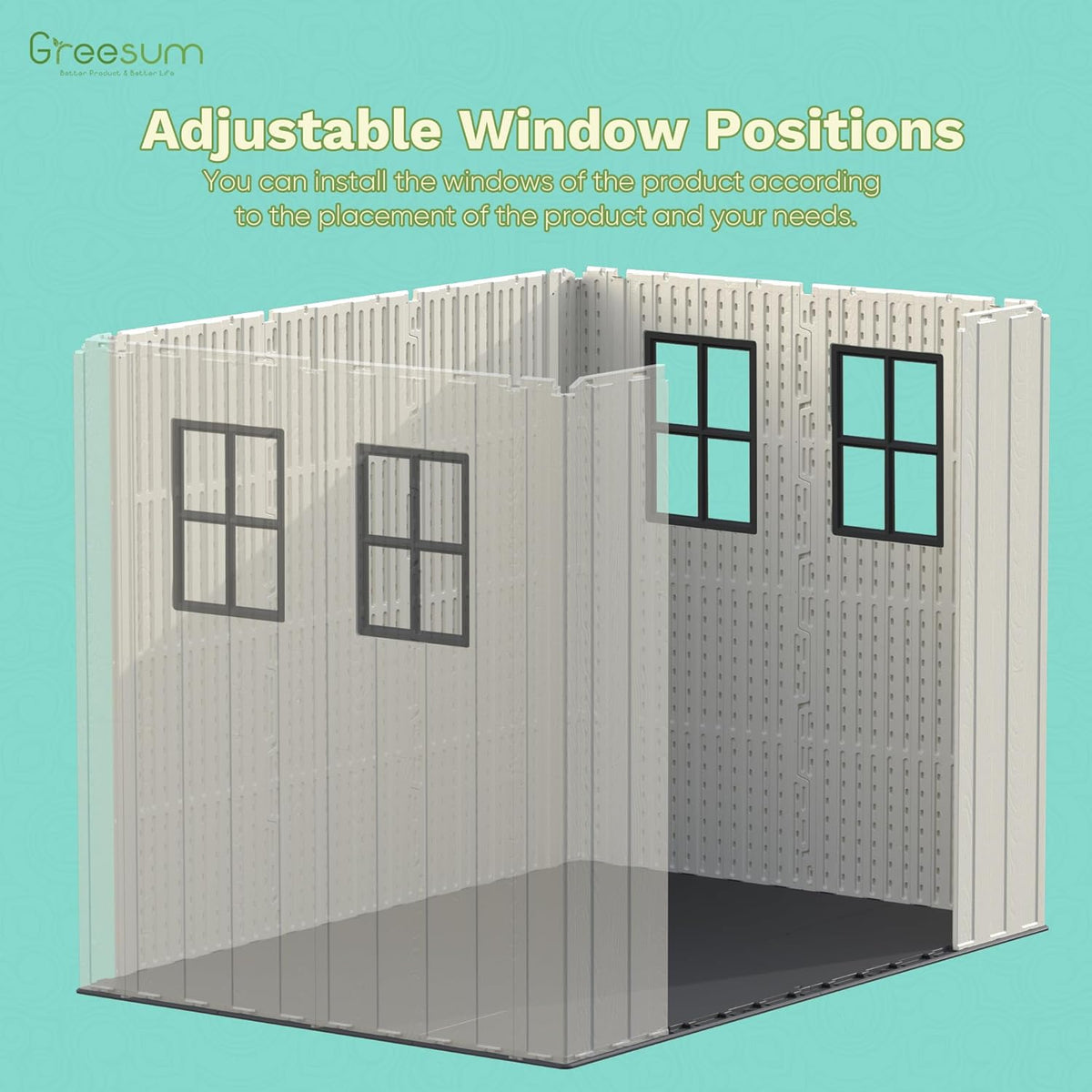 Greesum 8×8 FT Plastic Outdoor Storage Shed with Floor, Resin Sheds with Window and Lockable Door, Weather Resistant Organization for Garden, Lawn, Pool Supplies, Beige
