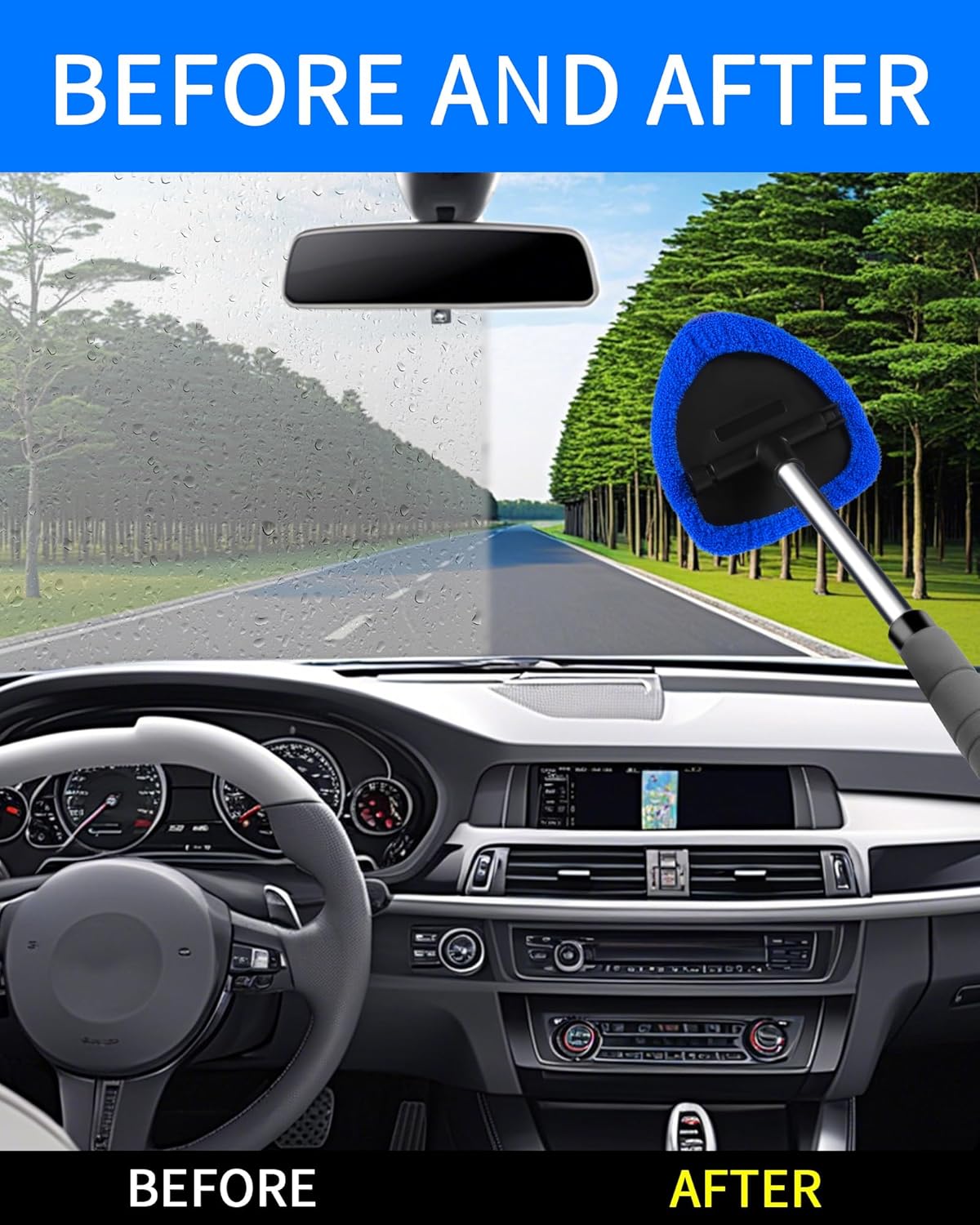Auto Window Cleaning Tool, Retractable Windshield Cleaner Wand, Car Window Glass Cleaning, Double Sided car Window Cleaner, Microfiber Mirror Cleaning Tool kit. Car Interior Cleaning. (Blue)