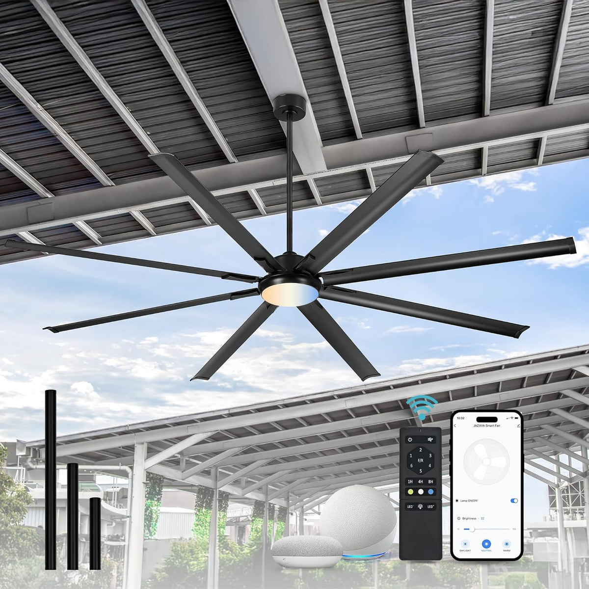96-Inch Industrial Ceiling Fan with Lights and Remote - Extra Large Indoor/Outdoor Fan with 8 Aluminium Blades,Smart Fan Works with Voice Control,Model:ZCCF04BK-96