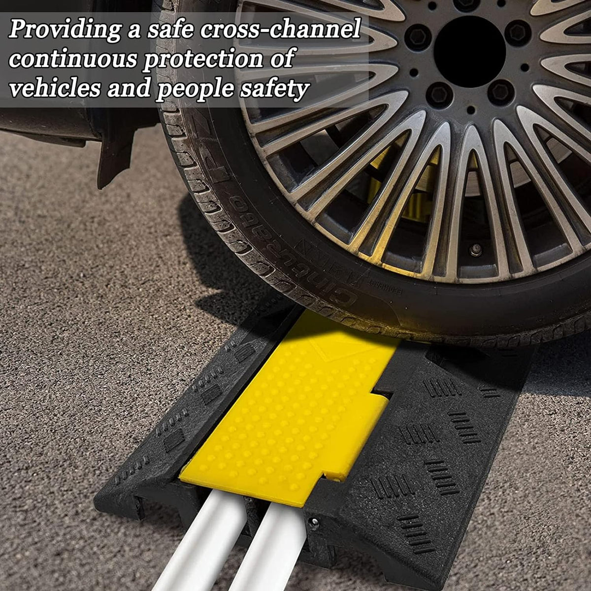CXRCY Cable Ramp 4 Pack 2 Channel 11000lbs axle Capacity Floor Cable Cord Protector, Black & Yellow Speed Bumps Hose Protector Ramps for Wire/Hose/Pipe Hider Driveway &Outdoor 40x10x2 inch(L x W x H)