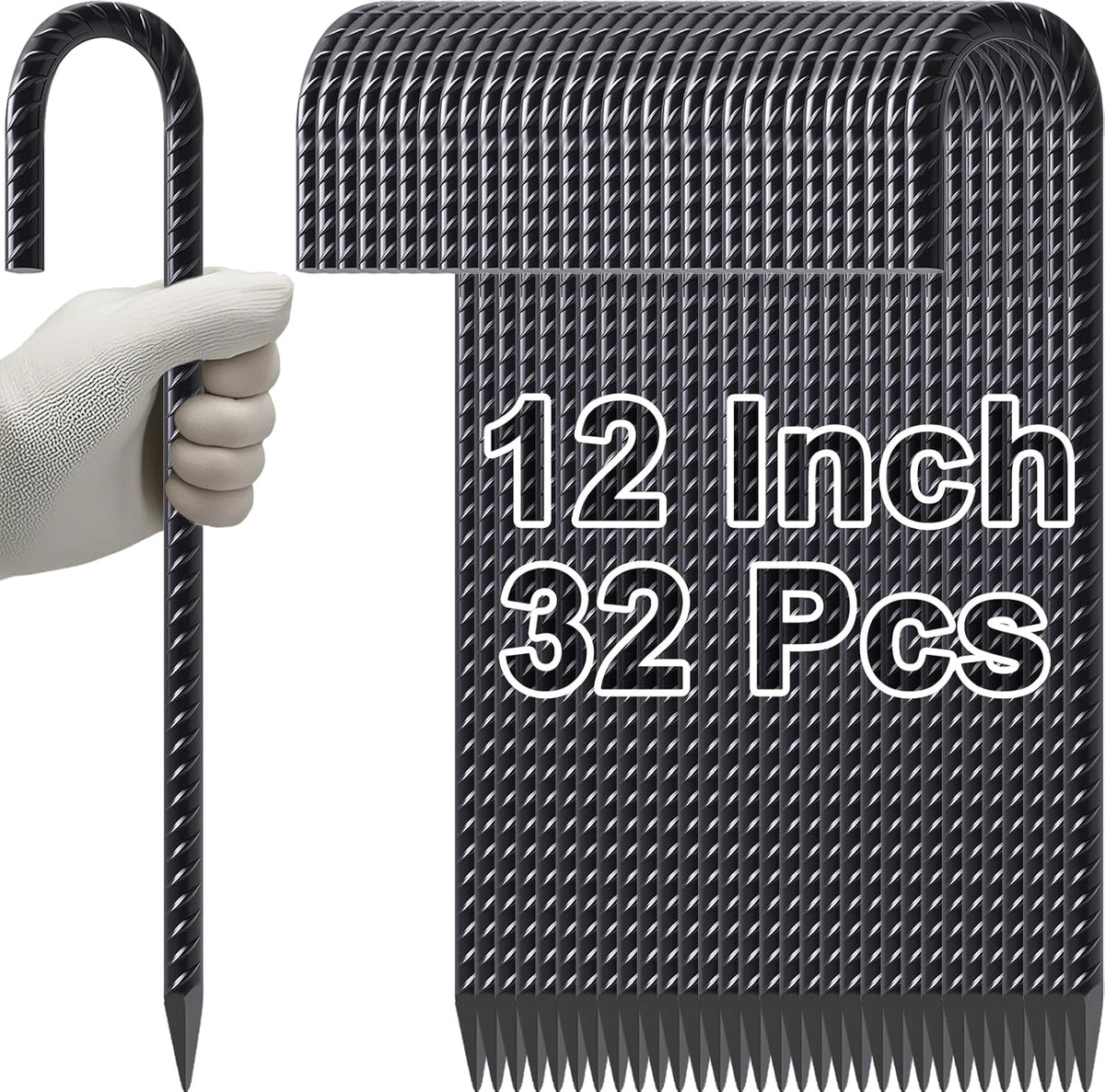 VVOKGO Rebar Stakes 12 Inches J Hook Heavy Duty Chain Link Fence Stakes, 32 Pcs Metal Long Tent Spikes Ground Anchors for Wire Fencing, Dogs Digging, Camping Tents, Swings, Greenhouse, Black