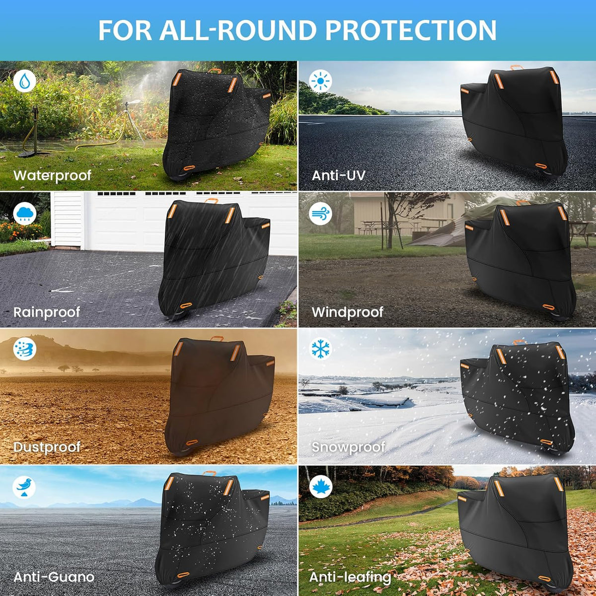 Motor Bike Cover Waterproof Outdoor, Motorbike Scooter Moped Cover Sun Rain Dust Protection with 4 Reflective Strips and 2 Fixed Buckles, 2 Lock-Holes for Most Motorcycles (L: 81 x 37 x 43 inch)