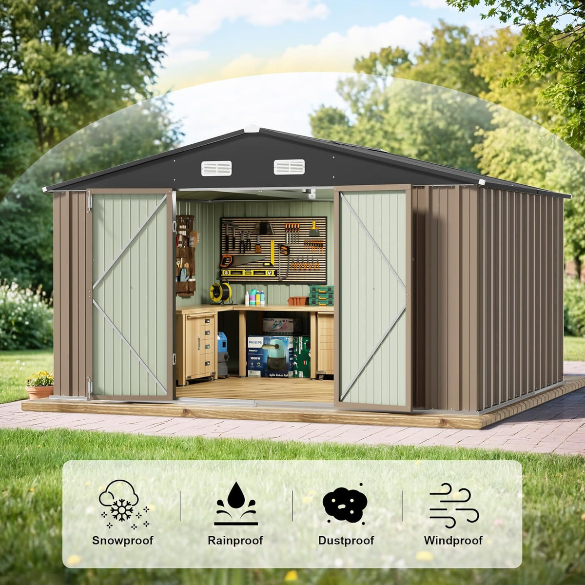 JUMMICO 10 x 10 FT Outdoor Storage Shed, Large Metal Garden Shed & Tool Sheds for Backyard Garden Patio Lawn (Brown)
