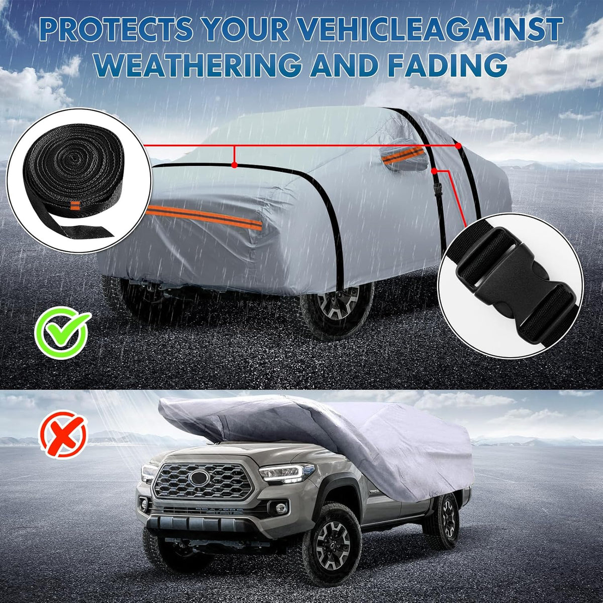 KEYOOG Car Cover, Fit for 178"-189" Length Sedan, 6-Layer All-Weather Waterproof, Universal in All Seasons, Snow Prevention, Rainproof, Acid Rainproof, Sunscreen, Orange Reflective Strip