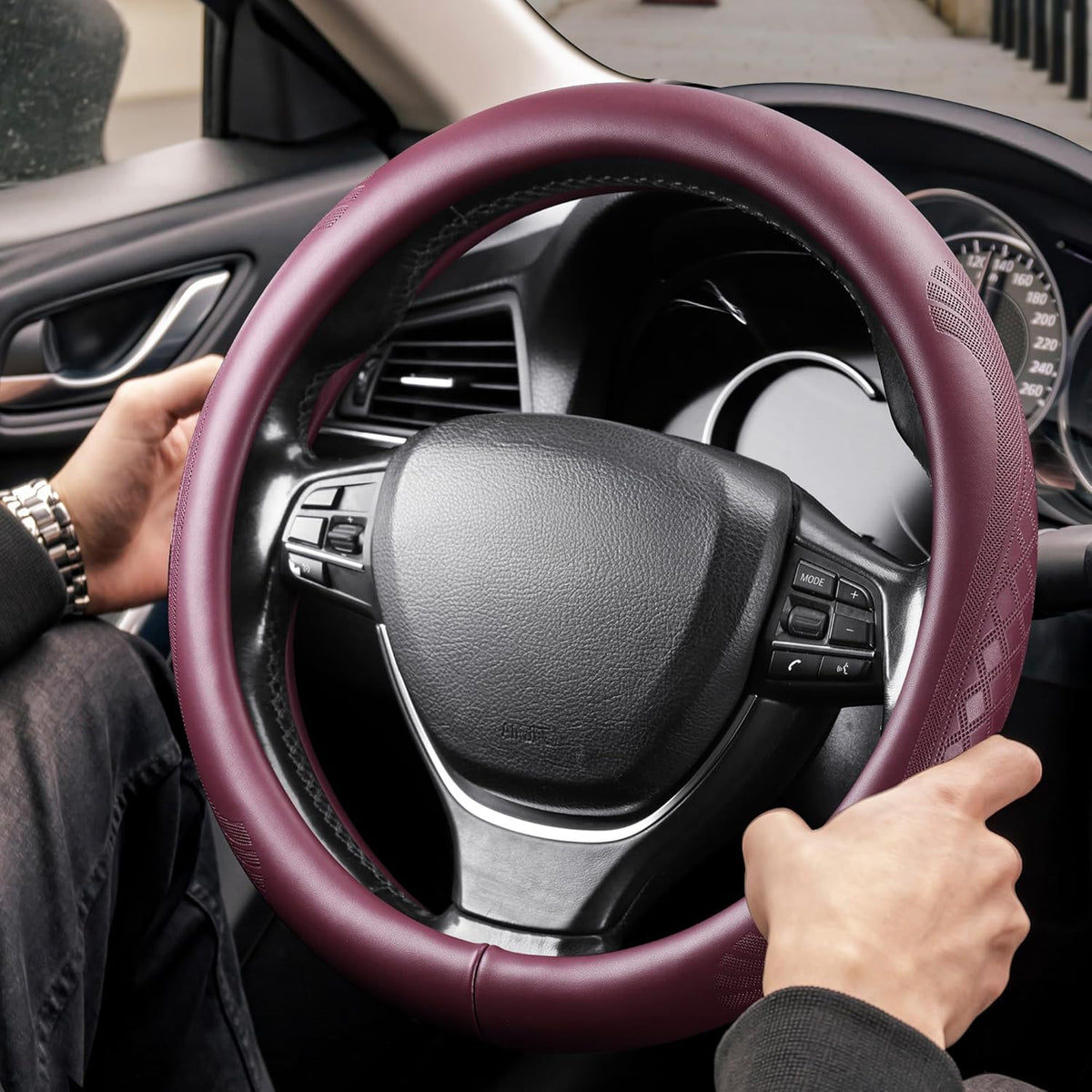 【2025 Model】 High-Grade Real Cowhide Steering Wheel Cover for Men Women，Wine Red Genuine Leather Steering Wheel Cover for Cars,Universal 14.5-15 inch Steering Wheels,Grid & Square Motif