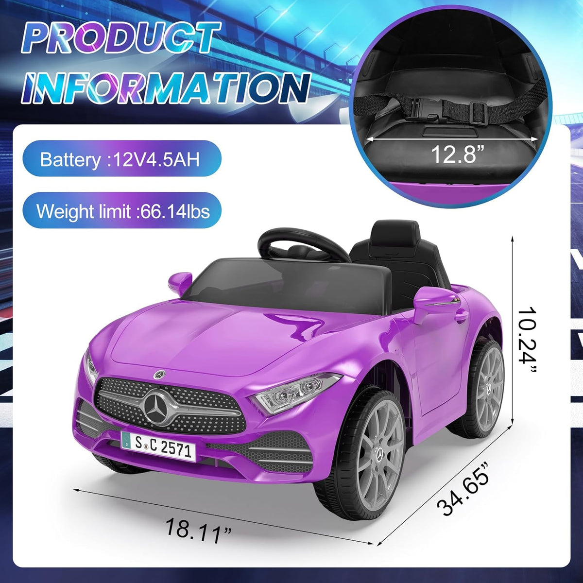 12V Kids Ride On Car with 2.4G Remote Control,Battery Powered Electric Car Ride On Vehicle Double Doors, 5 Point Safety Belt,LED Light (SC-Purple)