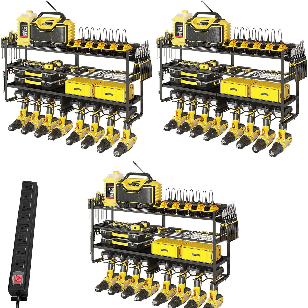 3 Pack Power Tool Organizer Wall Mount with Charging Station, 8 Outlet Power Strip & 4 Layers Storage Rack with 8 Drill Holders for Cordless Tools, Heavy Duty Utility Racks for Garage Workshop