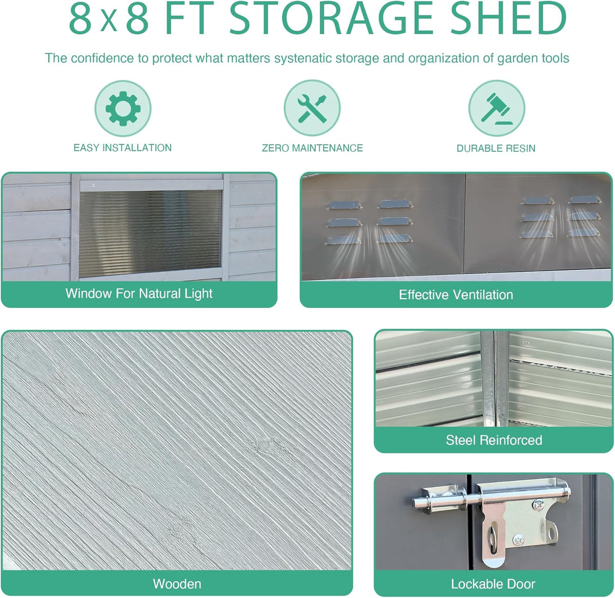 8x8 FT Outdoor Storage Shed with Windows, Wood & Metal Garden Shed, Outside Storage Shed Waterproof for Backyard, Garden, Patio, 4 Vents (Without Floor) Gray