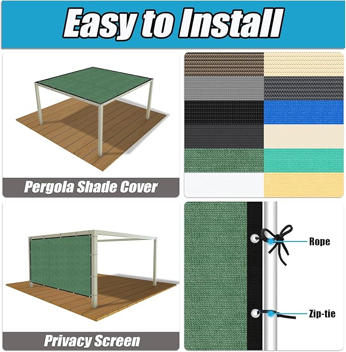 Amagenix 90% Pergola Shade Cover 6' X 11' Sun Shade Cloth with Grommets for Outdoor Garden Patio Porch, Commercial Grade 200 GSM - Cable Zip Ties Included (We Customized) GN108, Green