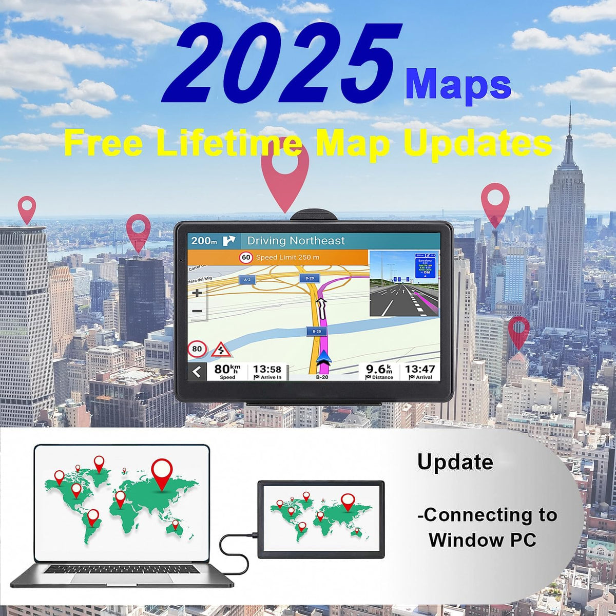 GPS Navigator for Car Truck RV - 7'' HD Touchscreen Navigation System, Latest 2025 Maps Free Lifetime Updates, Speed & Red Light Warning, Turn-by-Turn Voice Guidance, GPS Navigation for All Cars