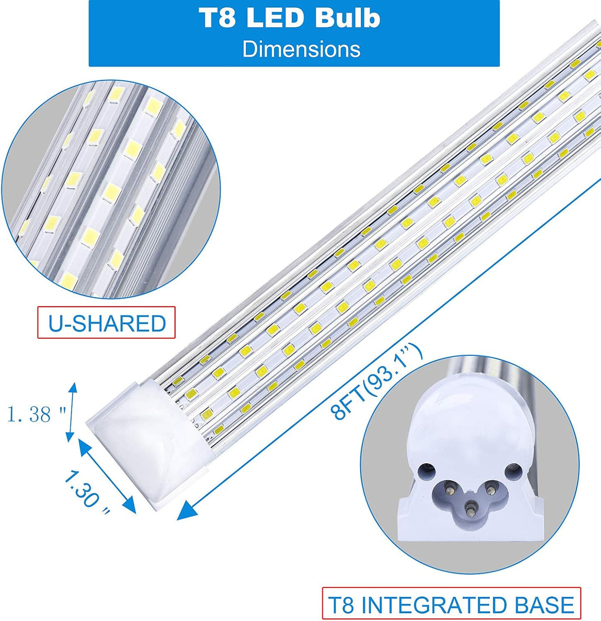 20 Pack, 8FT LED Shop Light Fixture, 144W 15500LM 6000K Cool White,High Output Linkable Tube Light, 4 Sided U Shape T8 8 Foot LED Shop Lights for Garage, Warehouse