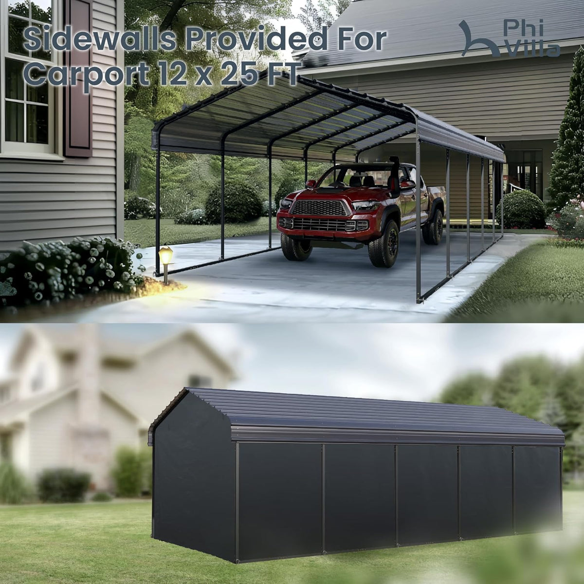 PHI VILLA 12 x 25 ft Heavy Duty Car Port with Galvanized Steel Roof with Sidewalls, Sturdy Metal Carport Kits for Cars, Boats, and Tractors