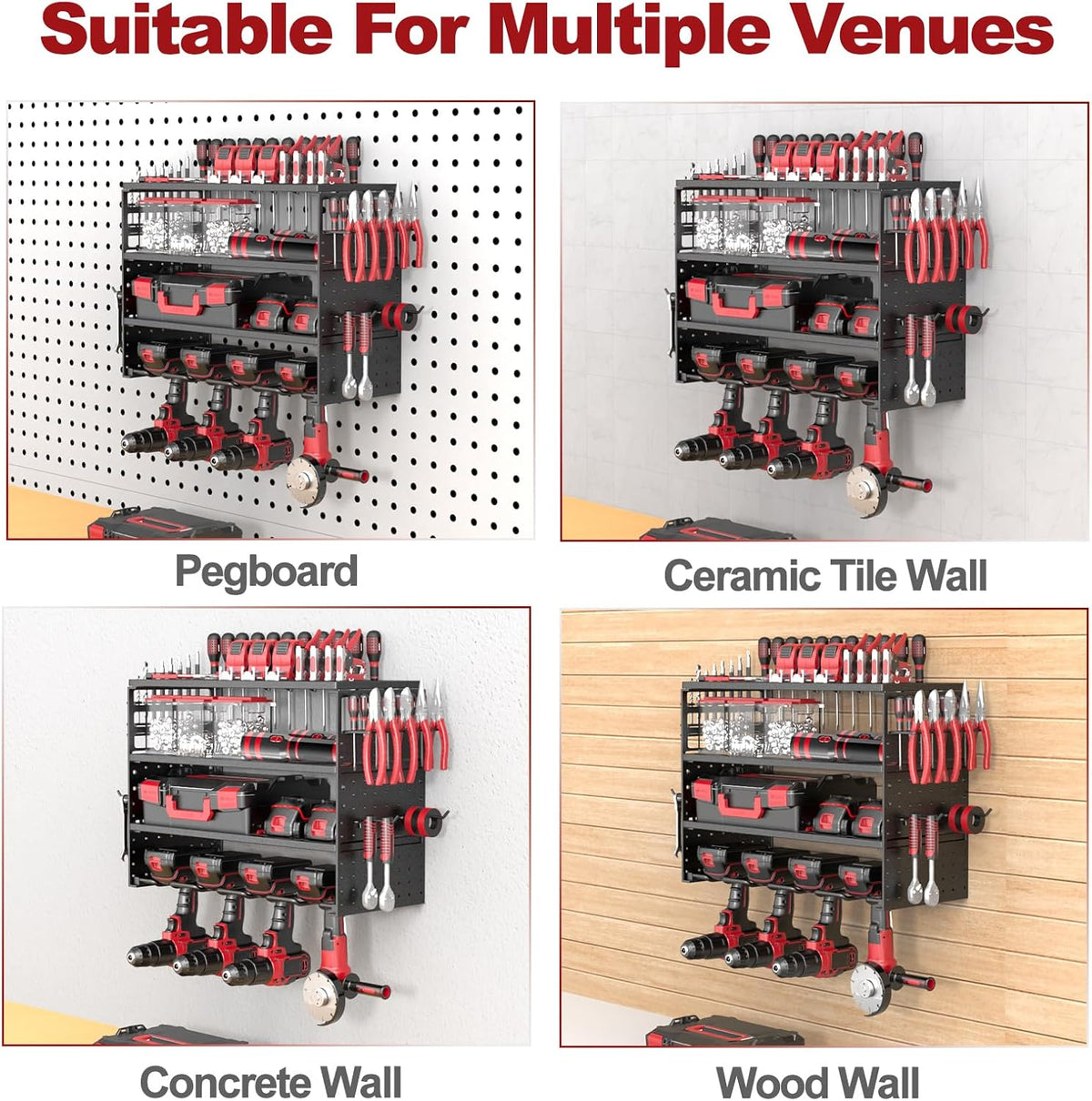 Power Tool Organizer Wall Mount - 4 Layer Metal Power Tool Storage Rack, Cordless Drill Holder with 4 Hooks, Utility Storage Rack for Garage Workshop Shed Pegboard