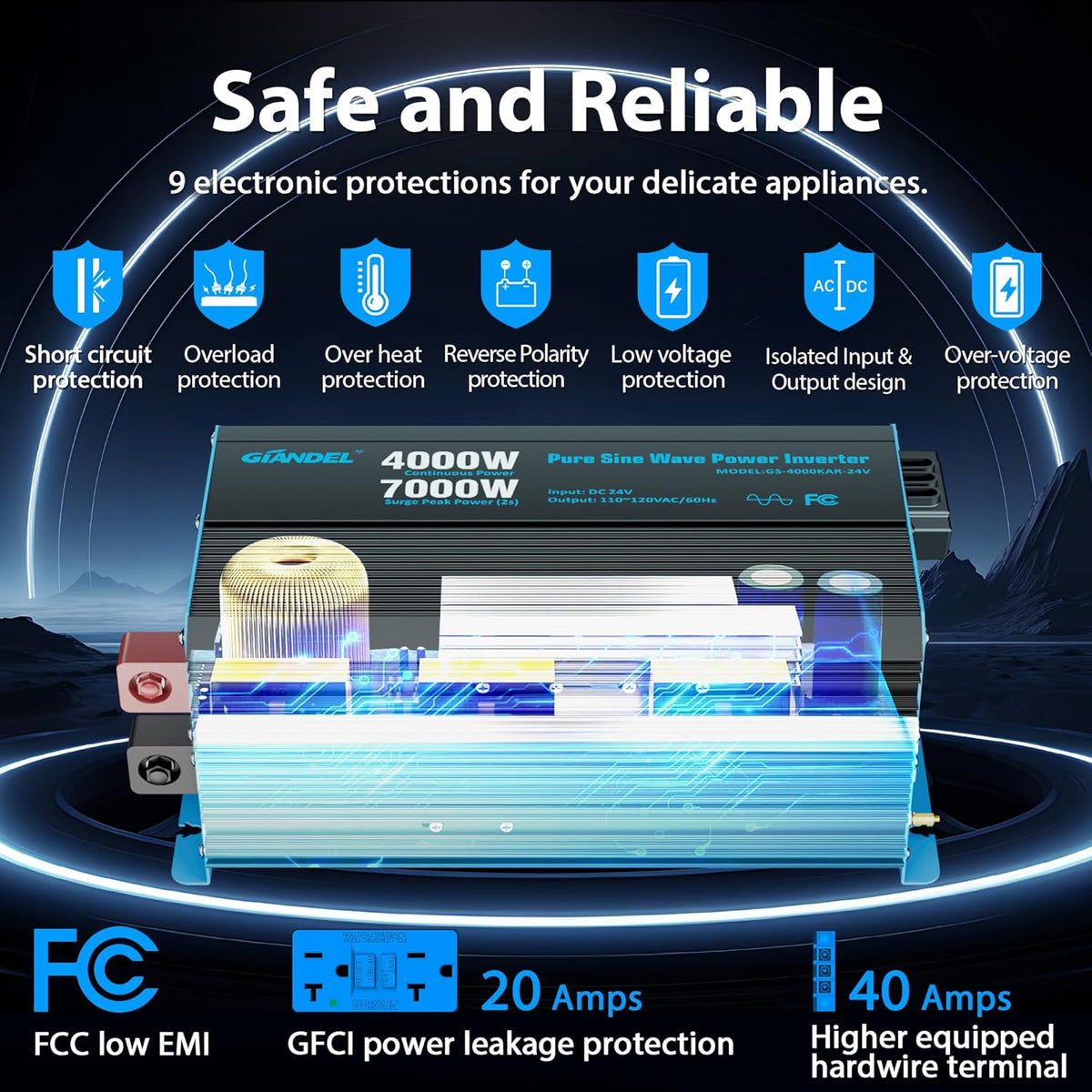 GIANDEL 4000 Watt 24 V Pure Sine Wave Power Inverter 7000Watt Surge,UL458 Listed GFCI Outlets,Inverter 24V DC to 120V AC,FCC Approved,Remote with Battery Level for RVs Campers Off Grid Solar Setup