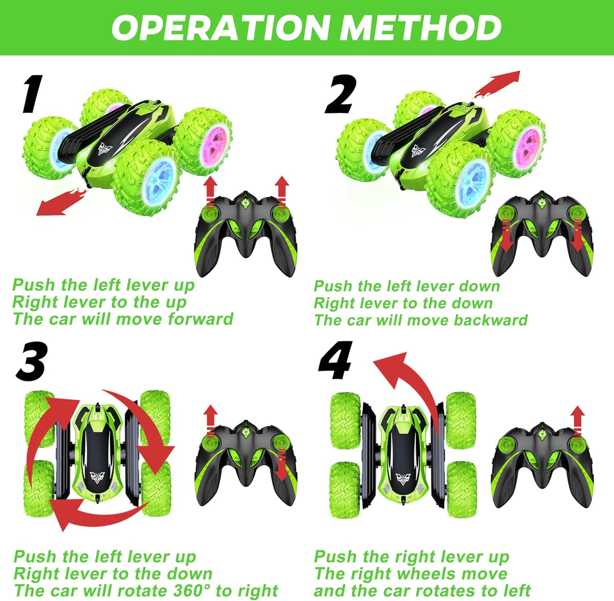 KKONES Remote Control Car, 2.4GHz Electric Race Stunt Car, Double Sided 360° Rolling Rotating Rotation, LED Headlights RC 4WD High Speed Off Road Gift for 3 4 5 6 7 8-12 Year Old Boy Toys (Green)