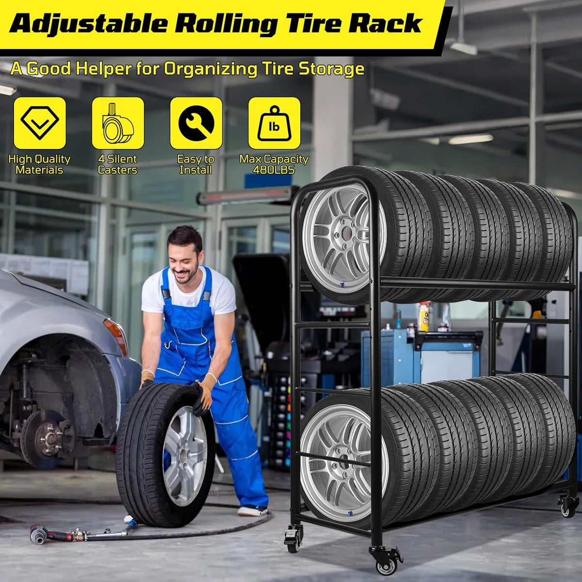 Tire Rack, 56 x 44 x 20 Inches Garage Tire Storage and Organization, Rolling Tire Rack 218KG/480LBS Capacity,2 Storage Shelf & 4 Swivel Casters,Black