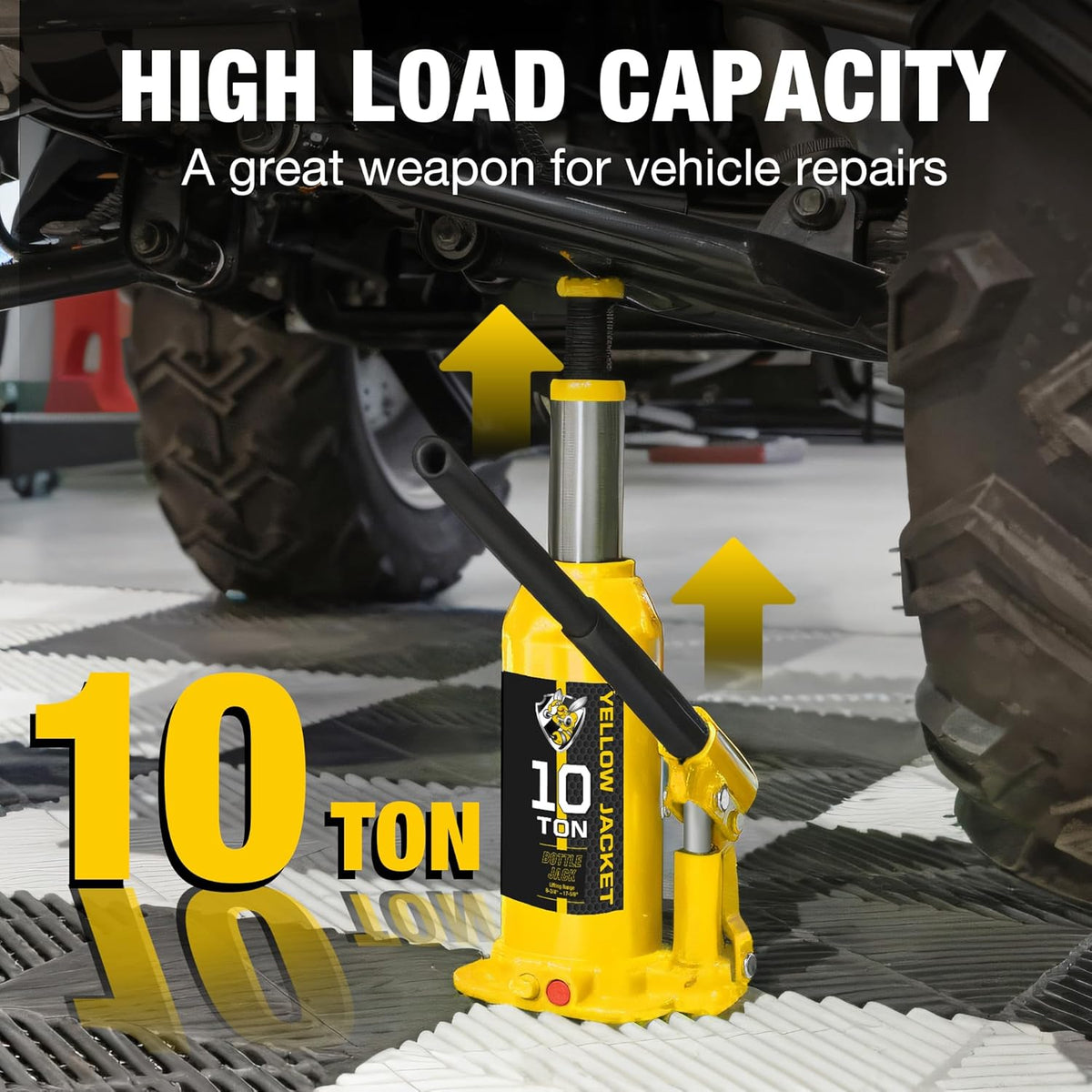 YELLOW JACKET 10 Ton Muti-Directional Welded Bottle Jack (20,000lb), Horizontal Bottle Jacks Use for Car, Pickup, Truck, RV, Auto Repair, Hydraulic Bottle Jack, Yellow