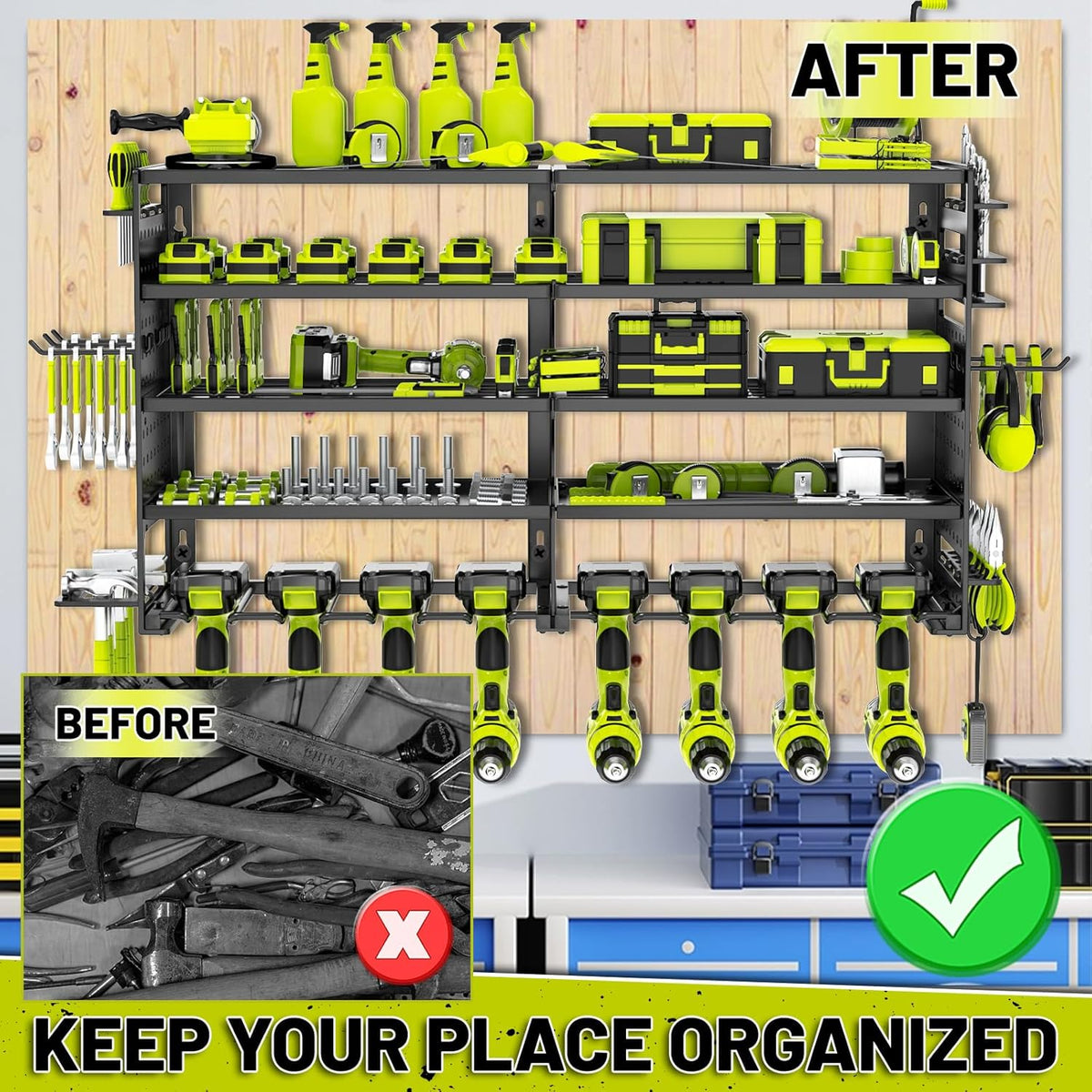 5 Layers Power Tool Organizer Wall Mount, Metal Cordless Tool Storage Rack Holder with 8 Drill Holders, Heavy Duty Garage Wall Tool Shelf for Workshop Tool Room Men Husband Father Gift Black