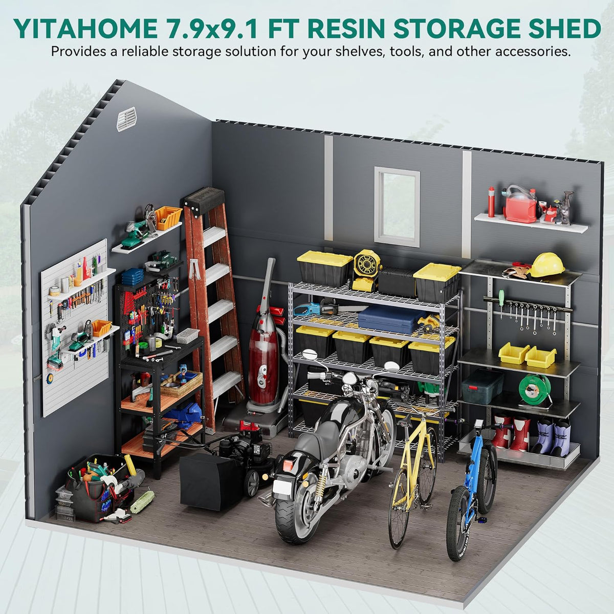 YITAHOME 8x9 FT Outdoor Storage Shed w/o Floor, All-Weather Plastic Shed with Lockable Doors, Window & Vents, Plastic Tool Shed for Backyard, Patio, Poolside, Lawn, Gray