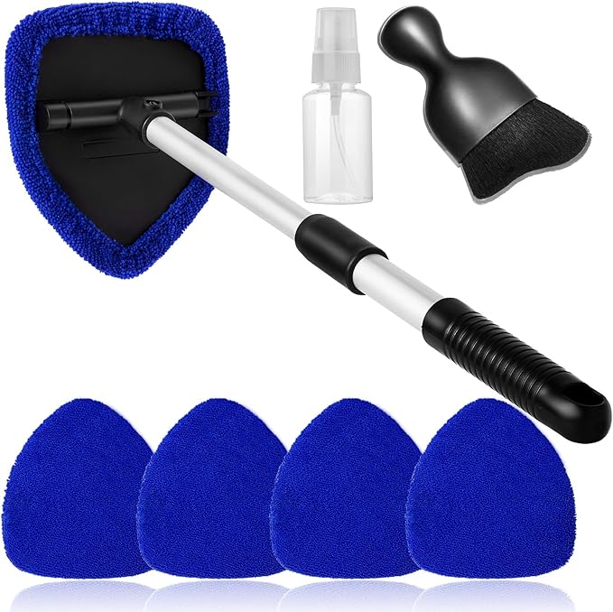 Qydipclin 7pcs Windshield Cleaner Tool Car Window Cleaning Wash Kit with 4 Reusable Microfiber Pads 1 Spray Bottle and Extendable Handle Auto Glass Wiper Kit, Blue