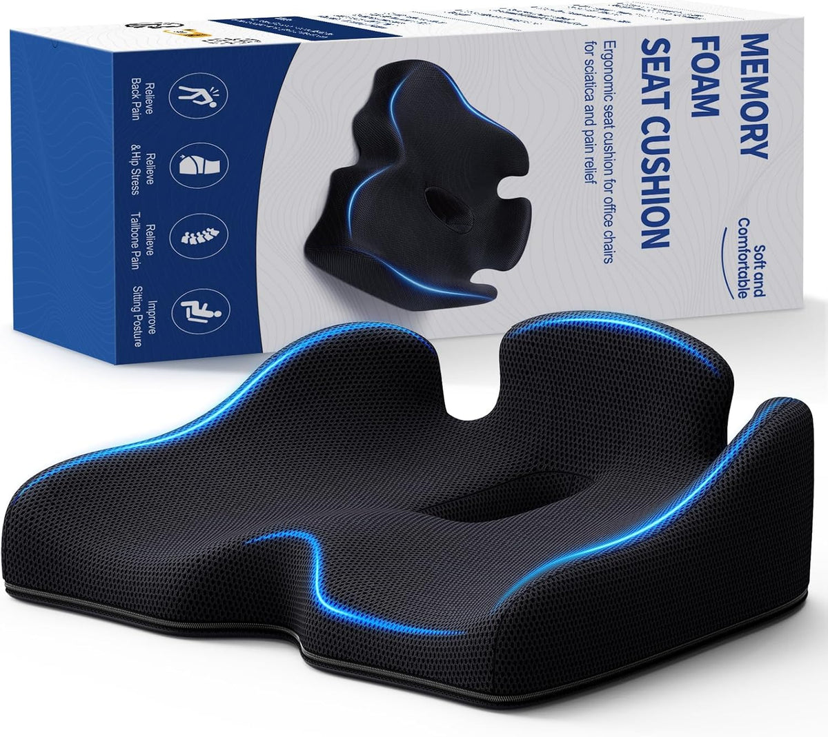 Benazcap Standard Memory Seat Cushion for Office Chair Pressure Relief Sciatica & Tailbone Pain Relief Firm Coccyx Pad for Long Sitting, Office Chair, Gaming Chair and Car Seat-Black, Standard Size