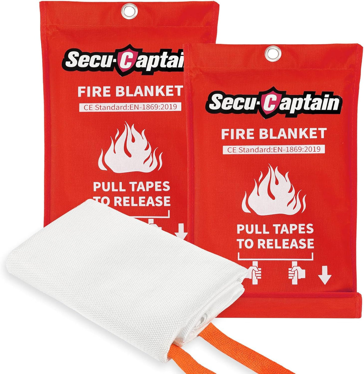 SecuCaptain Emergency Fire Blanket for Home and Kitchen - 2 Pack 40"x40" Flame Suppression Fiberglass Fire Blankets for House Camping Car Office Warehouse Emergency Survival Safety