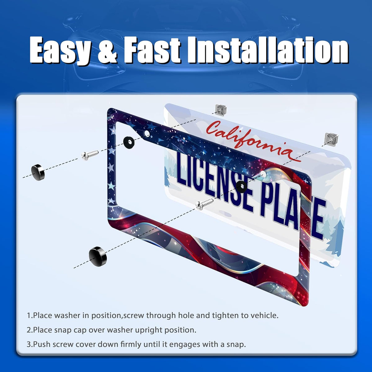 Patriotic American Flag License Plate Frame USA Flag License Plate Stainless Steel Funny License Plate Holder America Car Accessories With Screws Car Decoration 12.3" x 6.3"Fits Standard Vehicles Size
