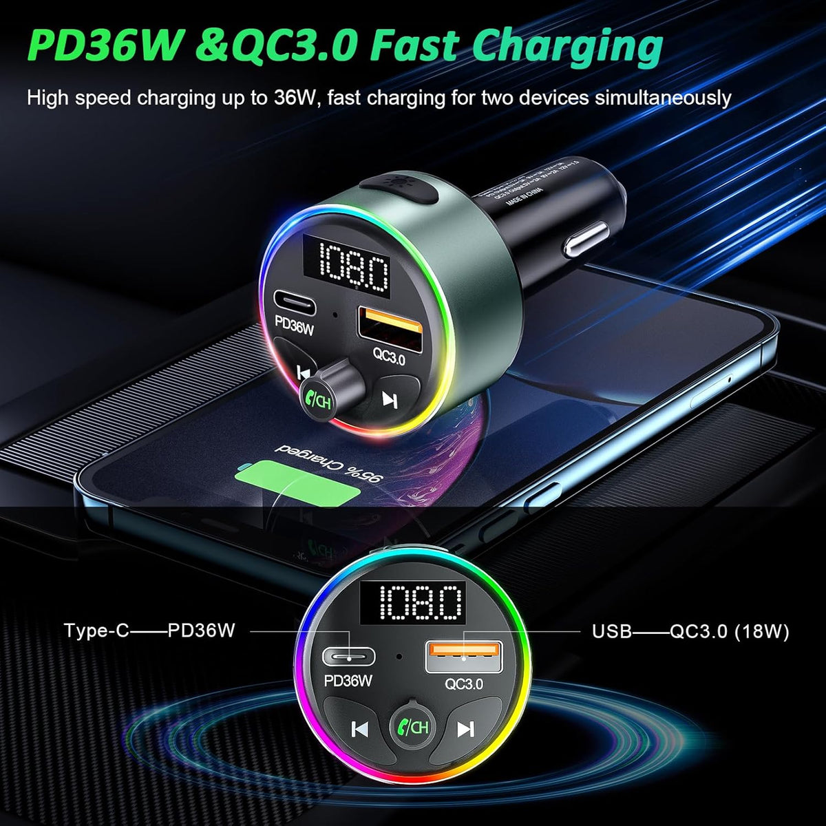 FM Transmitter Bluetooth 5.3 - SOARUN Fast Car Charger Adapter 54W [PD 36W & QC3.0 18W], Support Wireless Radio, Aux 3.5mm, Hands-Free Calling with 9 Colors LED Backlit
