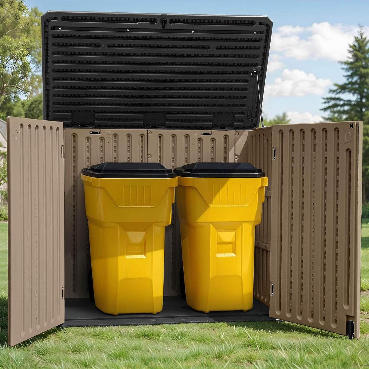 GOOBED 4.5x4ft Outdoor Horizontal Resin Storage Shed, 47 cuft Large Waterproof Tool Shed, No Shelf Included, Lockable, Easy Assembly (Brown)