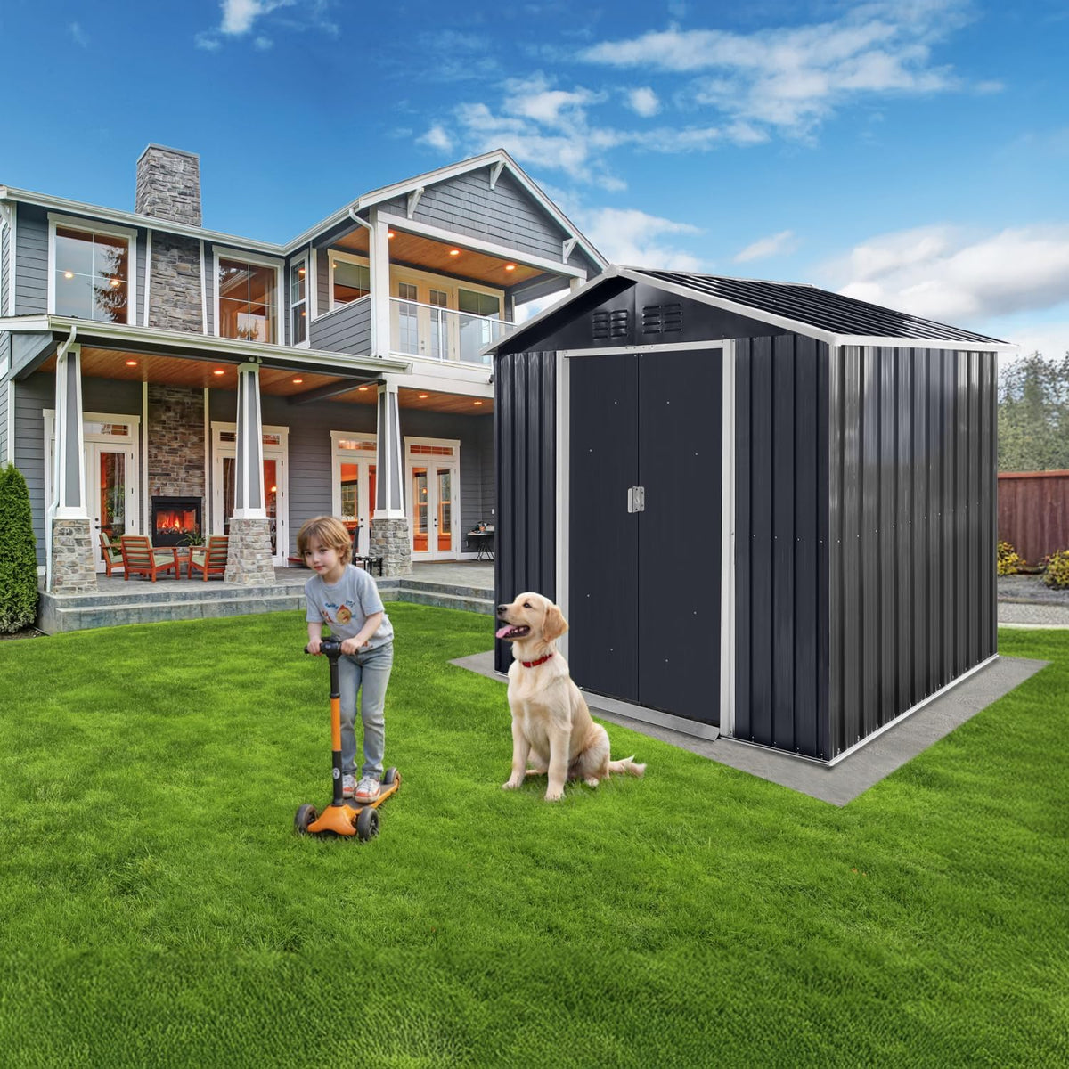 7x4.3 Ft Outdoor Storage Shed, Heavy-Duty Metal Shed with Windows & Secure Lockable Doors, Ideal Storage Shed for Outdoor, Patio, Garden, and Backyard, Anthracite