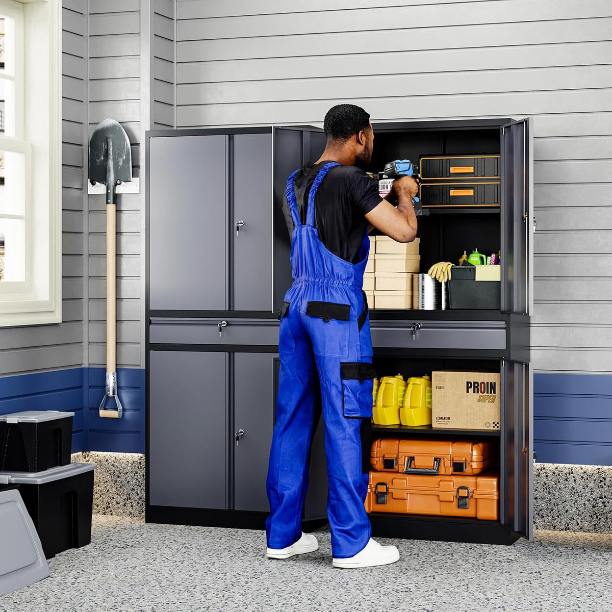 Yizosh Metal Garage Storage Cabinet with Locking Doors and Adjustable Shelves, 71" Steel Tool Storage Cabinet with 1 Drawer for Garage,Office,Warehouse (Gray Black)