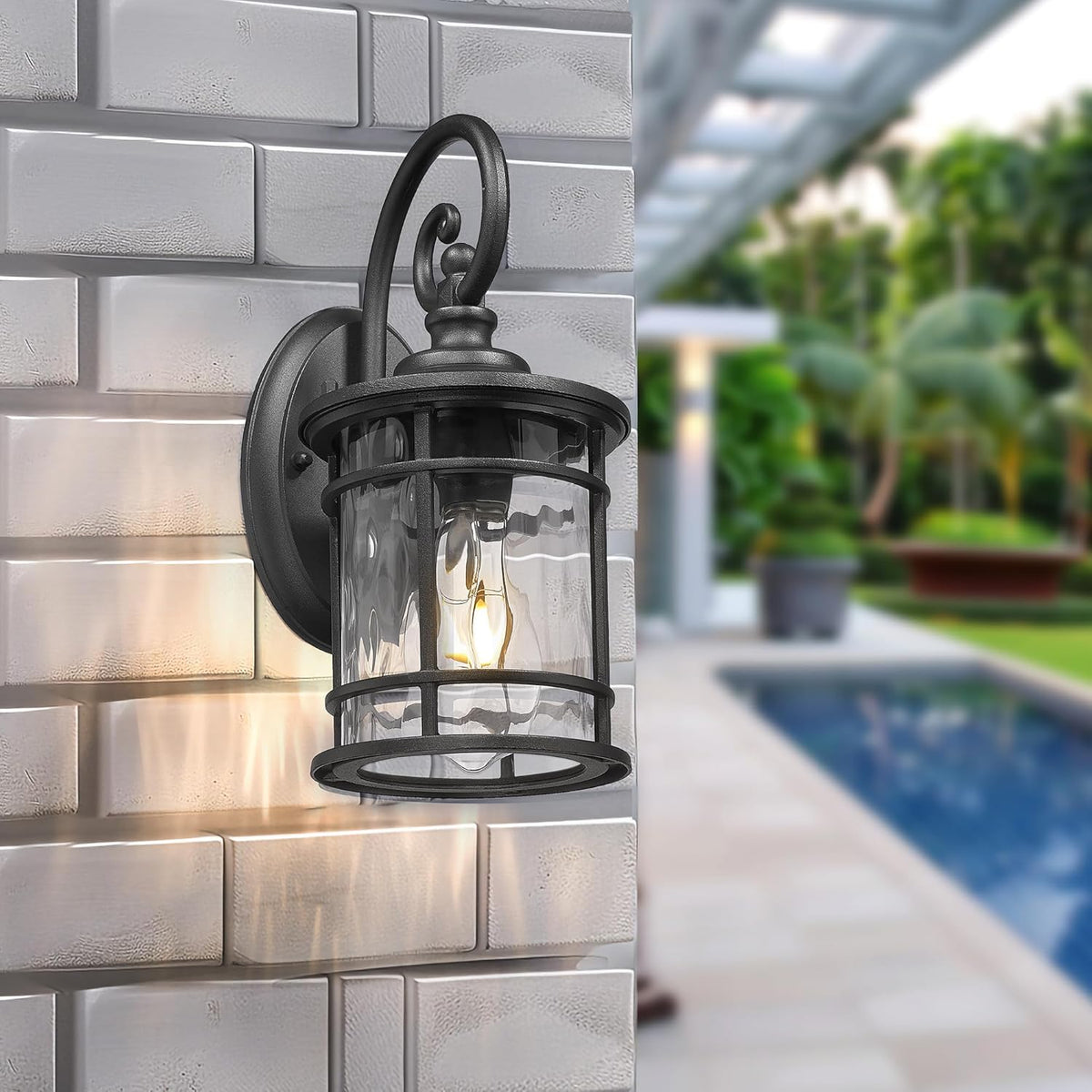 Emliviar Outdoor Wall Sconces 2 Pack, 12.4 Inch Outdoor Front Porch Lights with Water Ripple Glass in Black Finish, XE229BWG-S-2PK BK