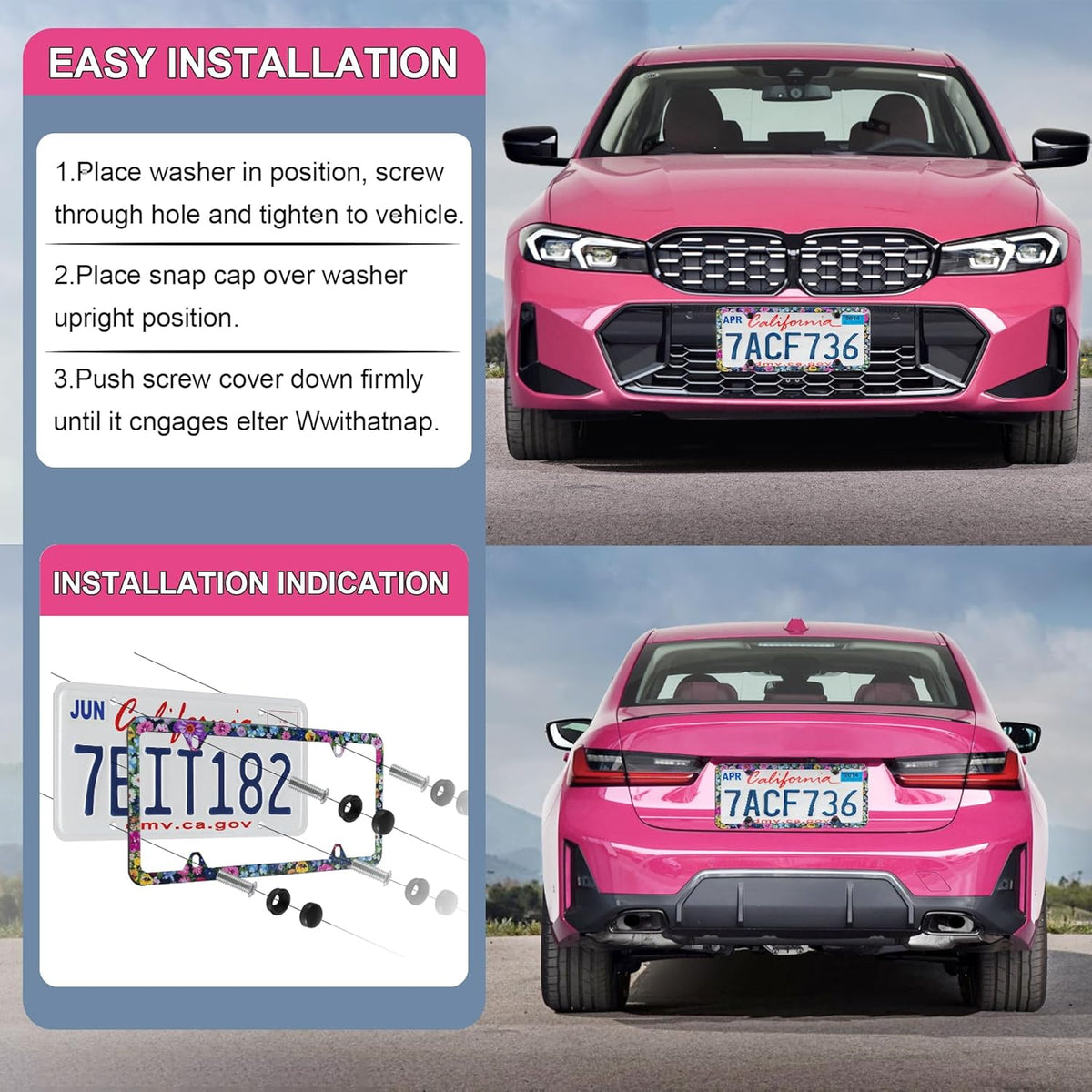 LivTee Flower Floral License Plate Frames, 4 Holes Stainless Steel License Plate Covers, 2PCS Car License Plate Holder, Automotive Exterior Accessories