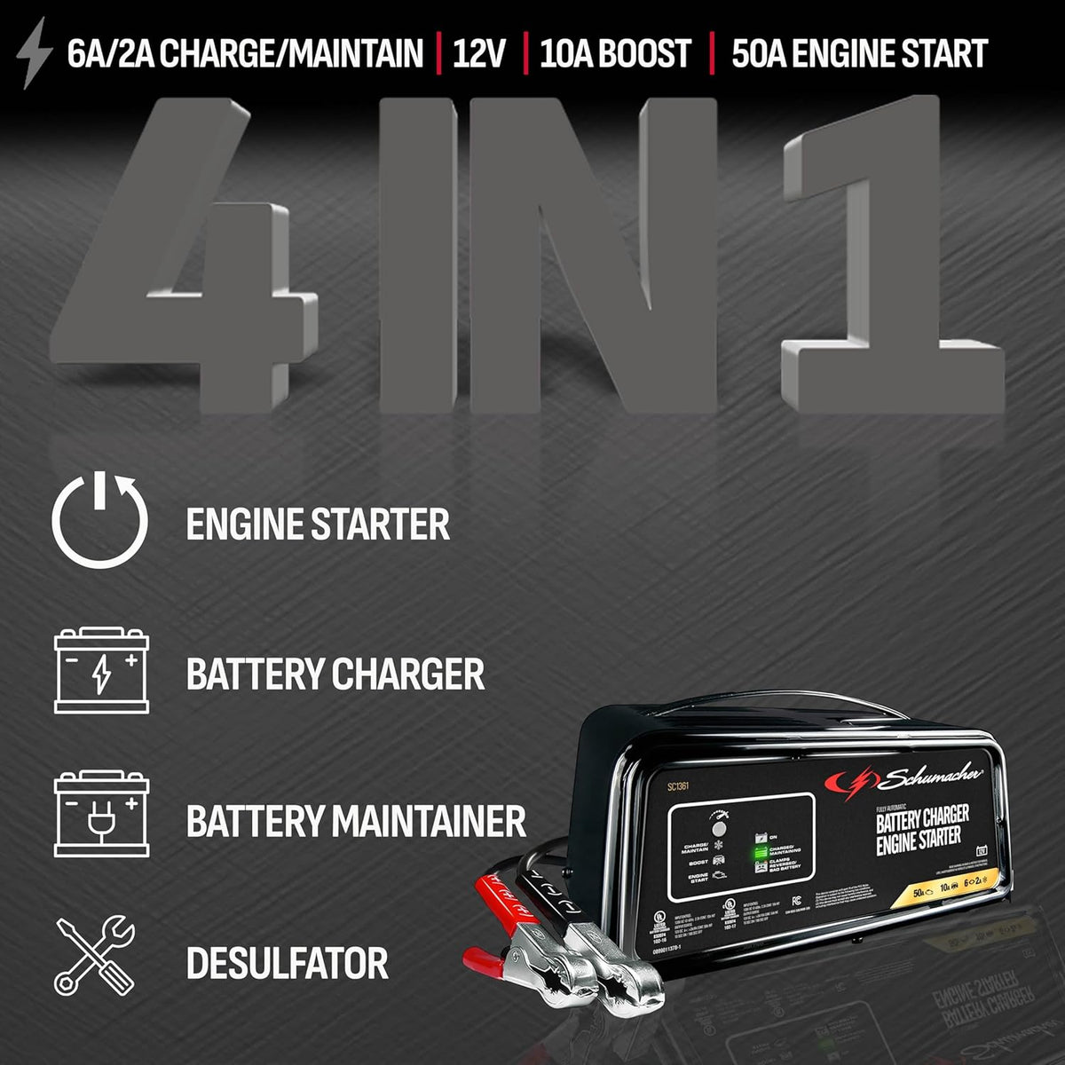 Schumacher Electric 50A 12V Car Battery Charger, Engine Starter & Maintainer - Fully Automatic Battery Charger for Cars, Trucks & RVs - 6A Charge/ 2A Maintain & 10A Boost Modes - SC1361