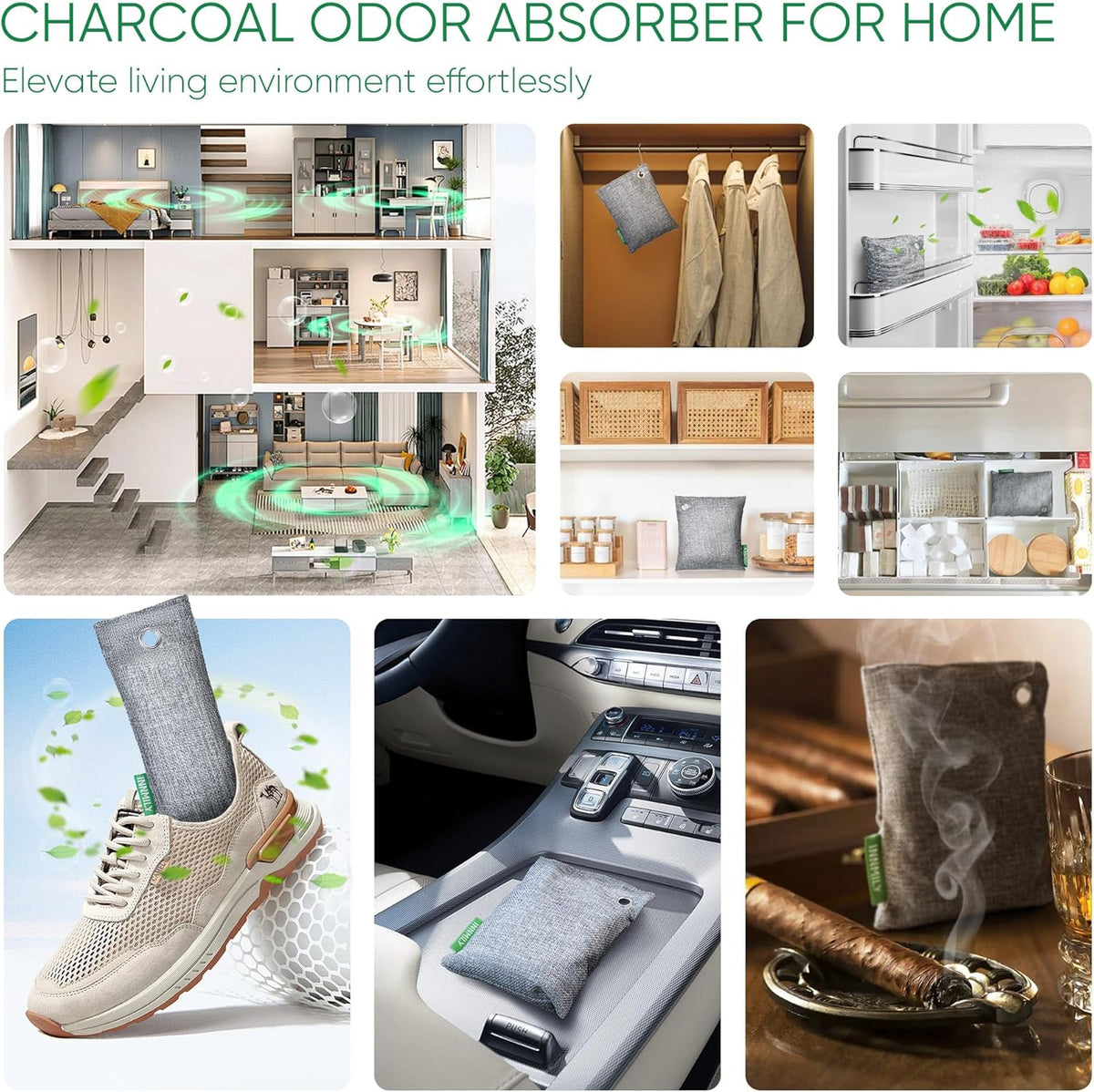 Activated Charcoal Odor Absorber, Large 500g w Hooks Nature Odor Remover for Strong Odor, Bamboo Charcoal Air Purifying Bags, Odor Eliminator for Home Car Closet Pet, Smoke Deodorizer