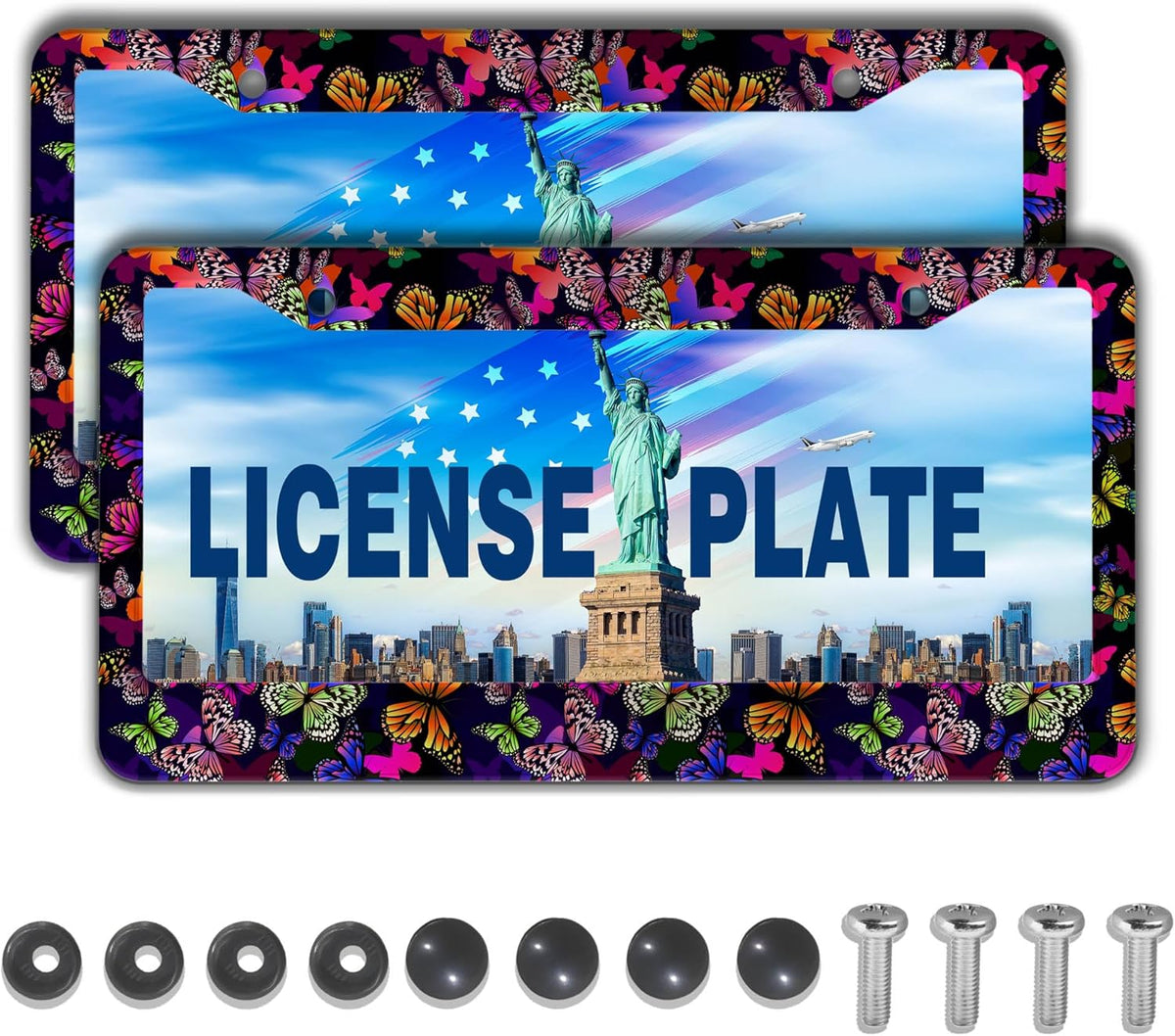 License Plate Frames Multicolor Car Plate Frame Colorful Watercolor Butterfly Aluminum Metal Car Accessory 2 Pack with Screw Covers Set
