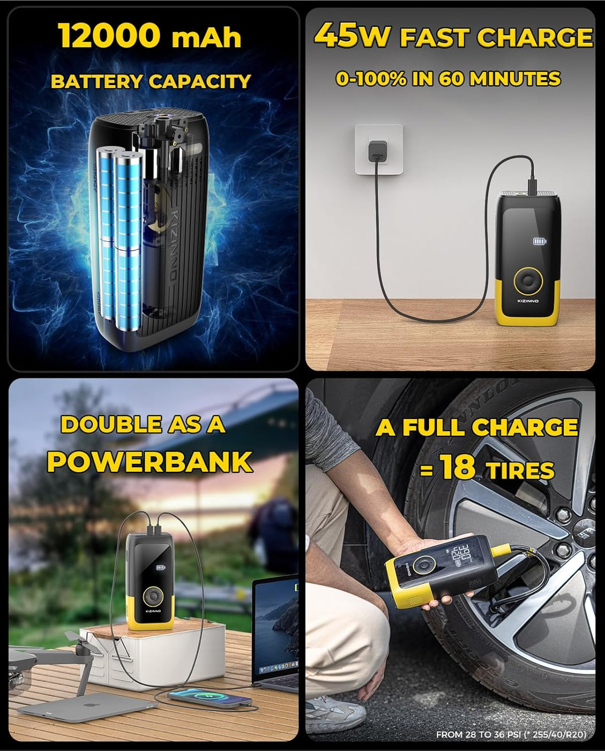 Tire Inflator Portable Air Compressor, Ultra Fast Dual-Cylinder Air Pump for [Pickup Truck & Large Car Tires] with Fine-Tune Mode, Pressure Gauge, 12000mAh&45W Fast Charge fits MPV, SUV, Cars, Motor
