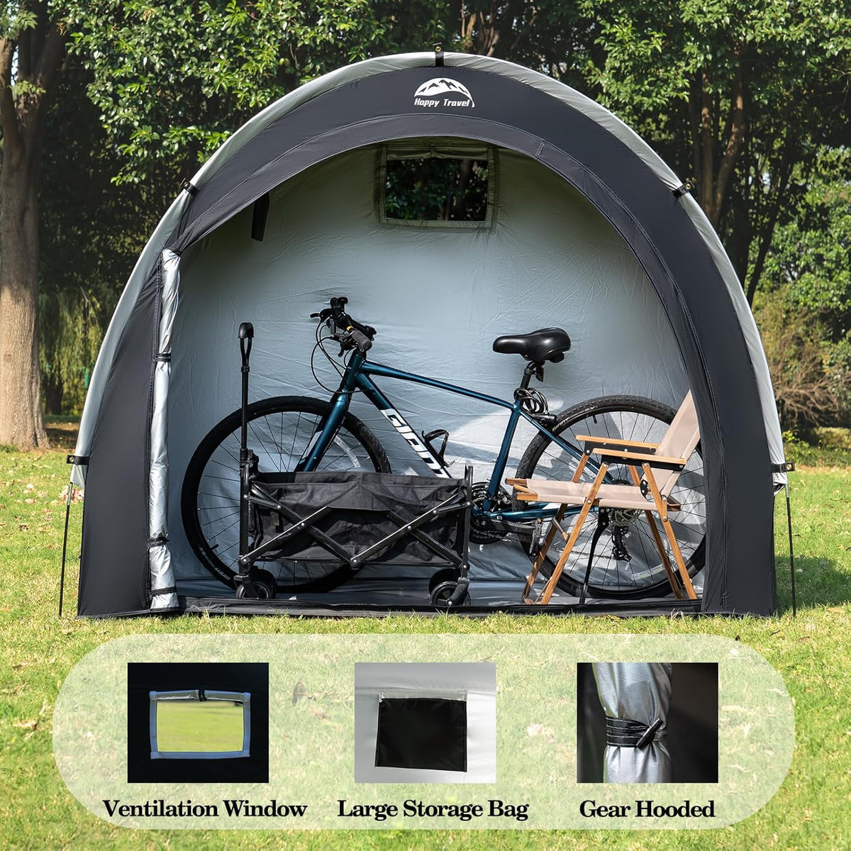 Happy Travel Bike Storage Tent Shed, Outdoor Waterproof Bicycle Covers Shelter with Window for 2/4/6/8 Bikes,Oversized Outside Portable Sheds for Lawn Mower,Garden Tools (Black)