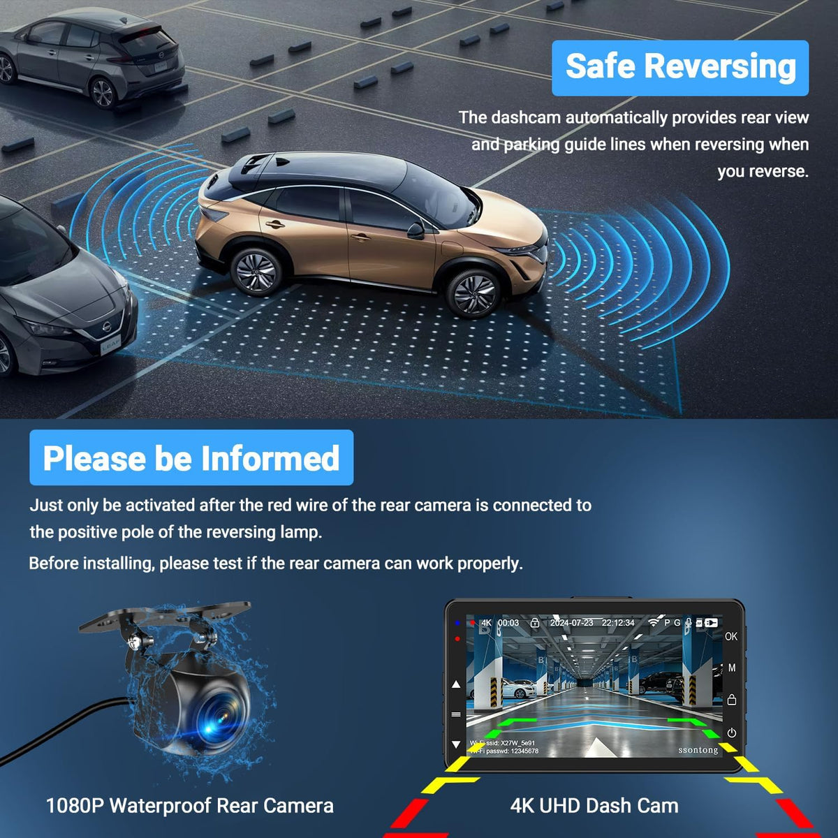 Dash Cam Front and Rear, Dash Cam 4K WiFi/APP Control Dashcam W/ 64GB Card Dash Camera for Cars DVR Car Security Cameras W/Loop Recording G-Sensor Time-Lapse Parking Mode Car Dashcam USB Powered