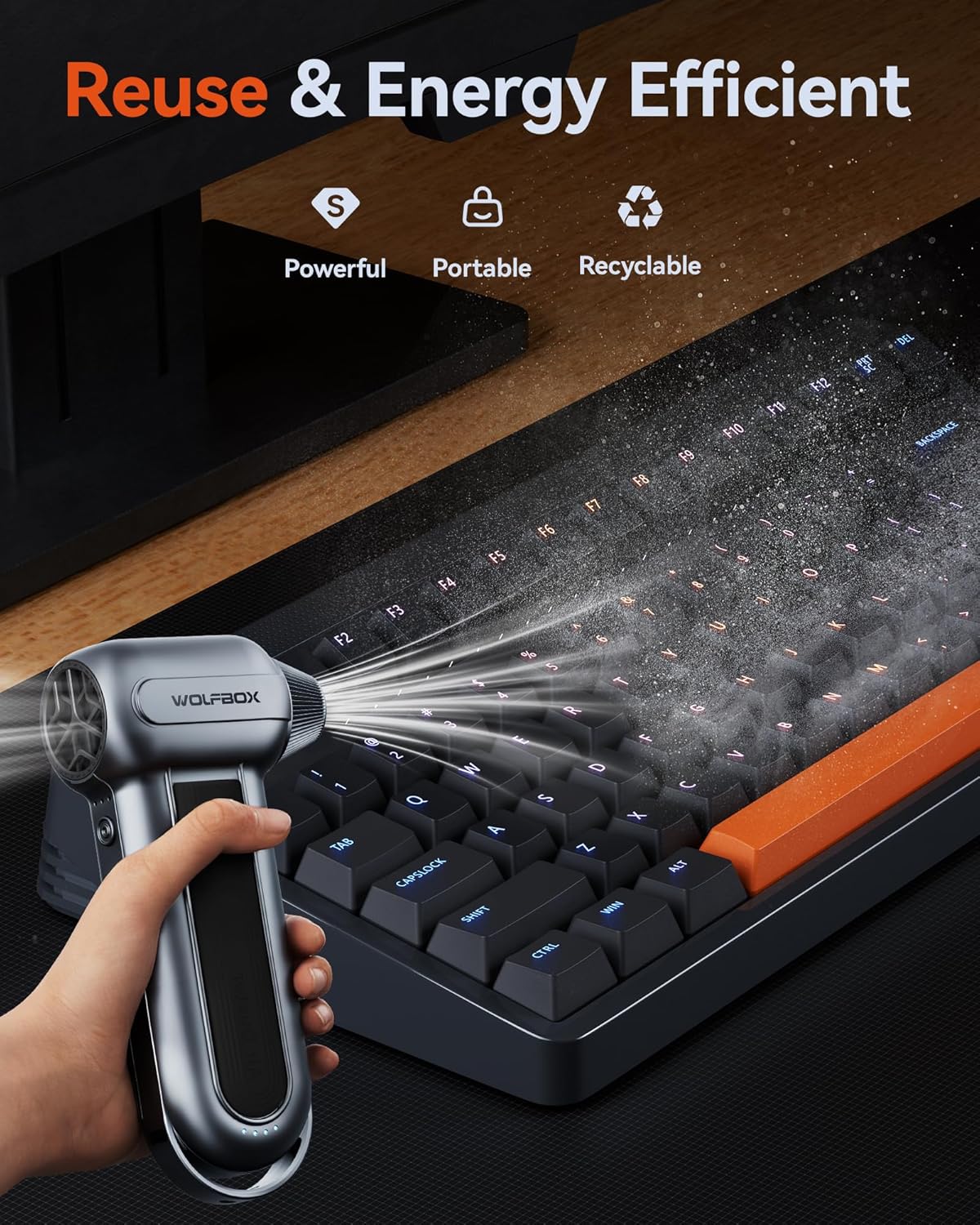 WOLFBOX MF100 Electric Air Duster-150000RPM Super Power Cordless Air Duster, Rechargeable Brushless Motor Durable Blower, 3-Gear Adjustable Dust Blower for Computer, Keyboard, Outdoor, House and Car