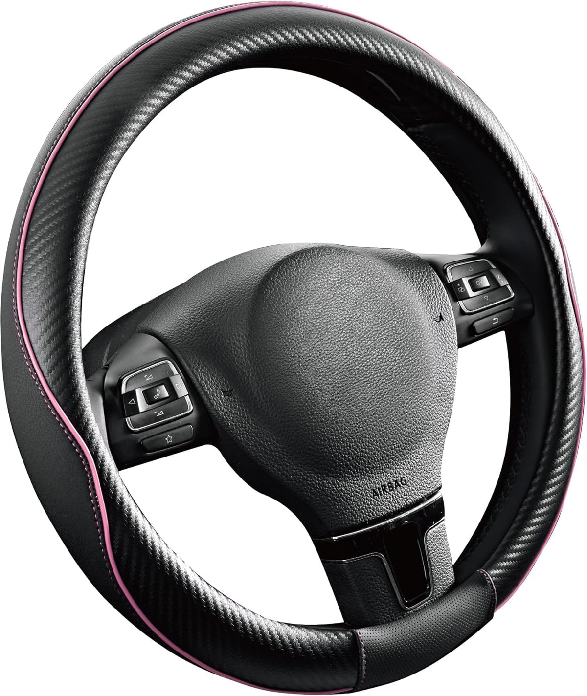 PIC AUTO Steering Wheel Cover, Pink Piping Leather, Sports Carbon Fiber and Super Breathable Leather, Universal 14.5-15.5 Inch Anti-Slip Steering Wheels Accessories for Men & Women